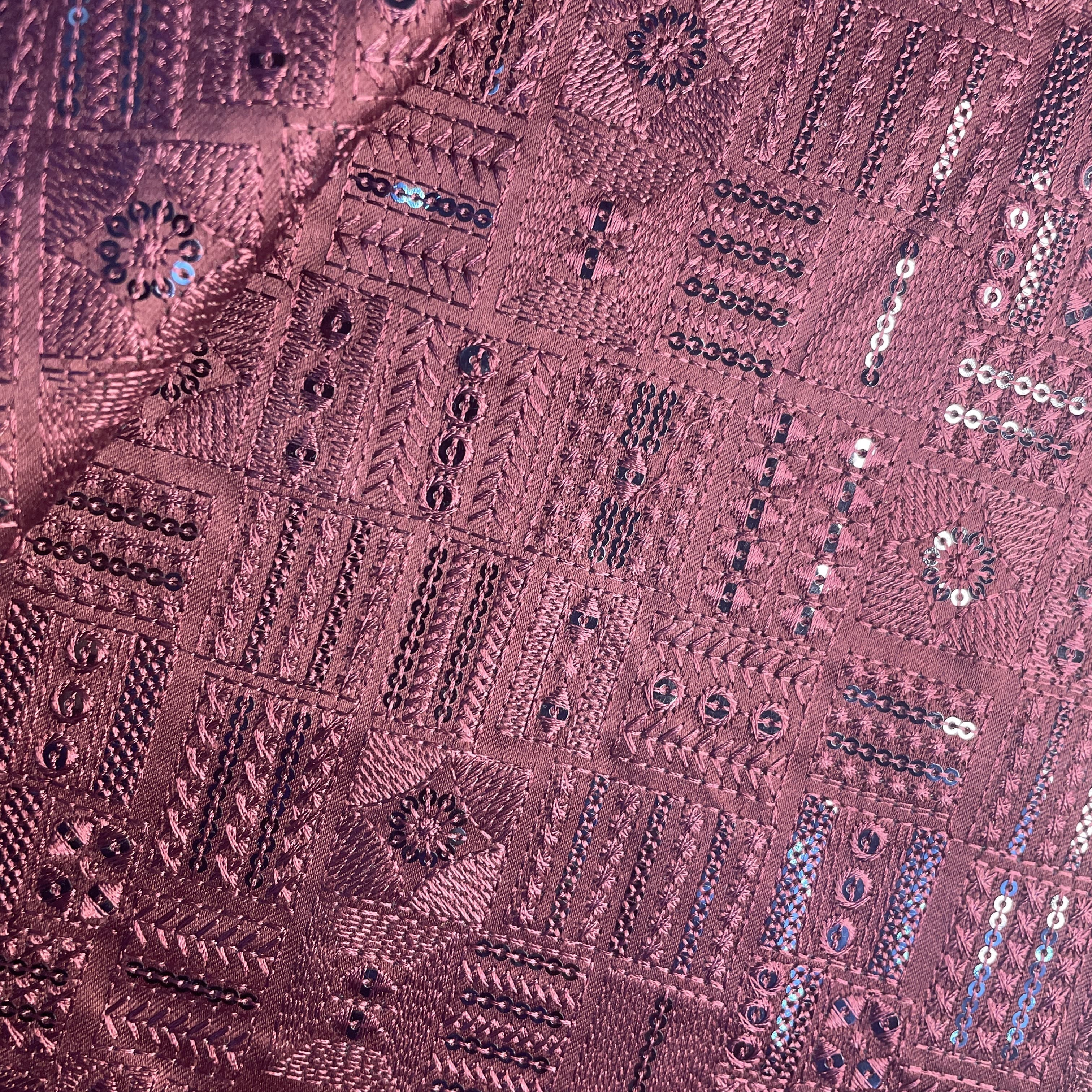 Maroon Thread Sequins Embroidery Russian Silk Fabric 19999