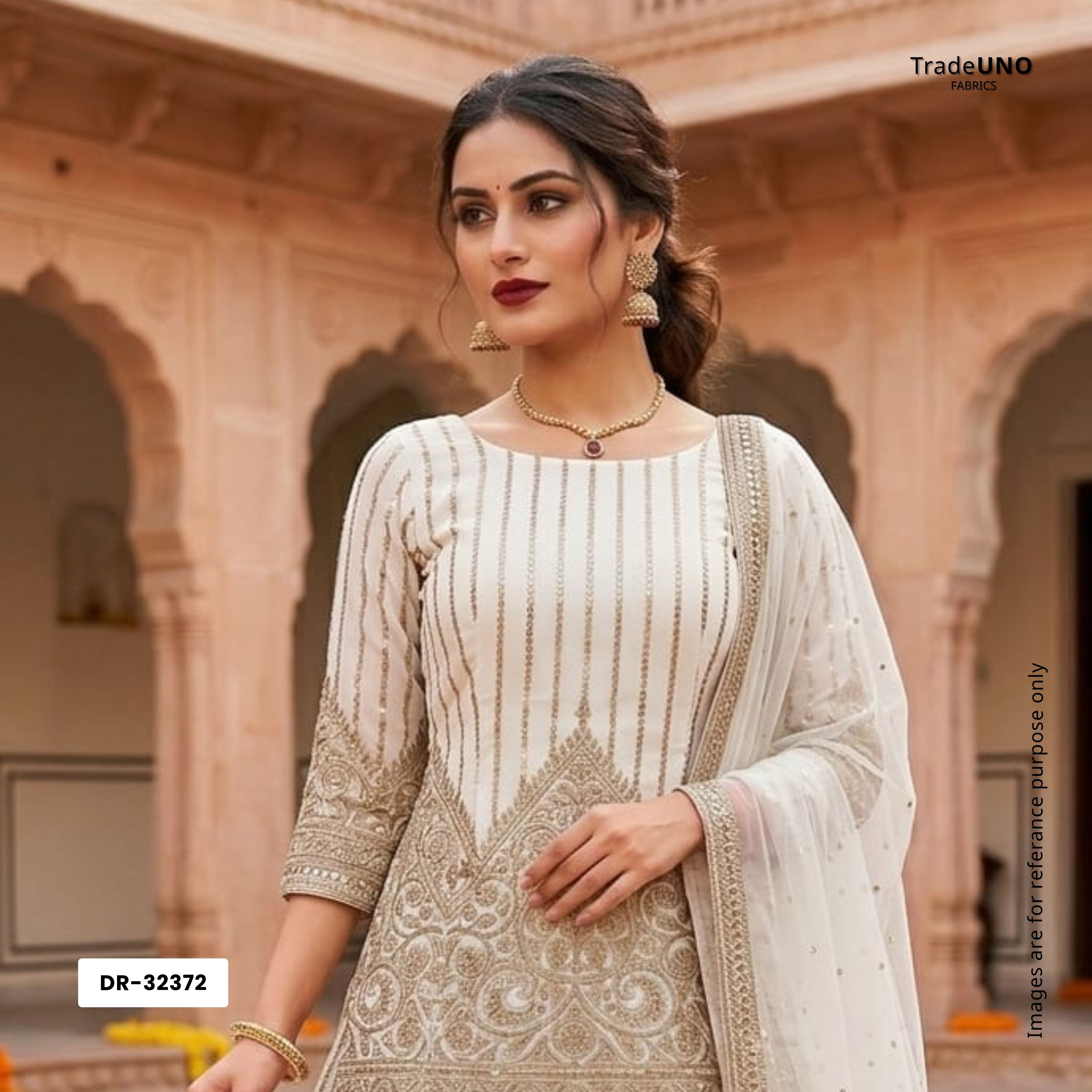 White Dyeable Zari Stripes With Sequins Embroidery Georgette Fabric DR-32372 - TradeUNO