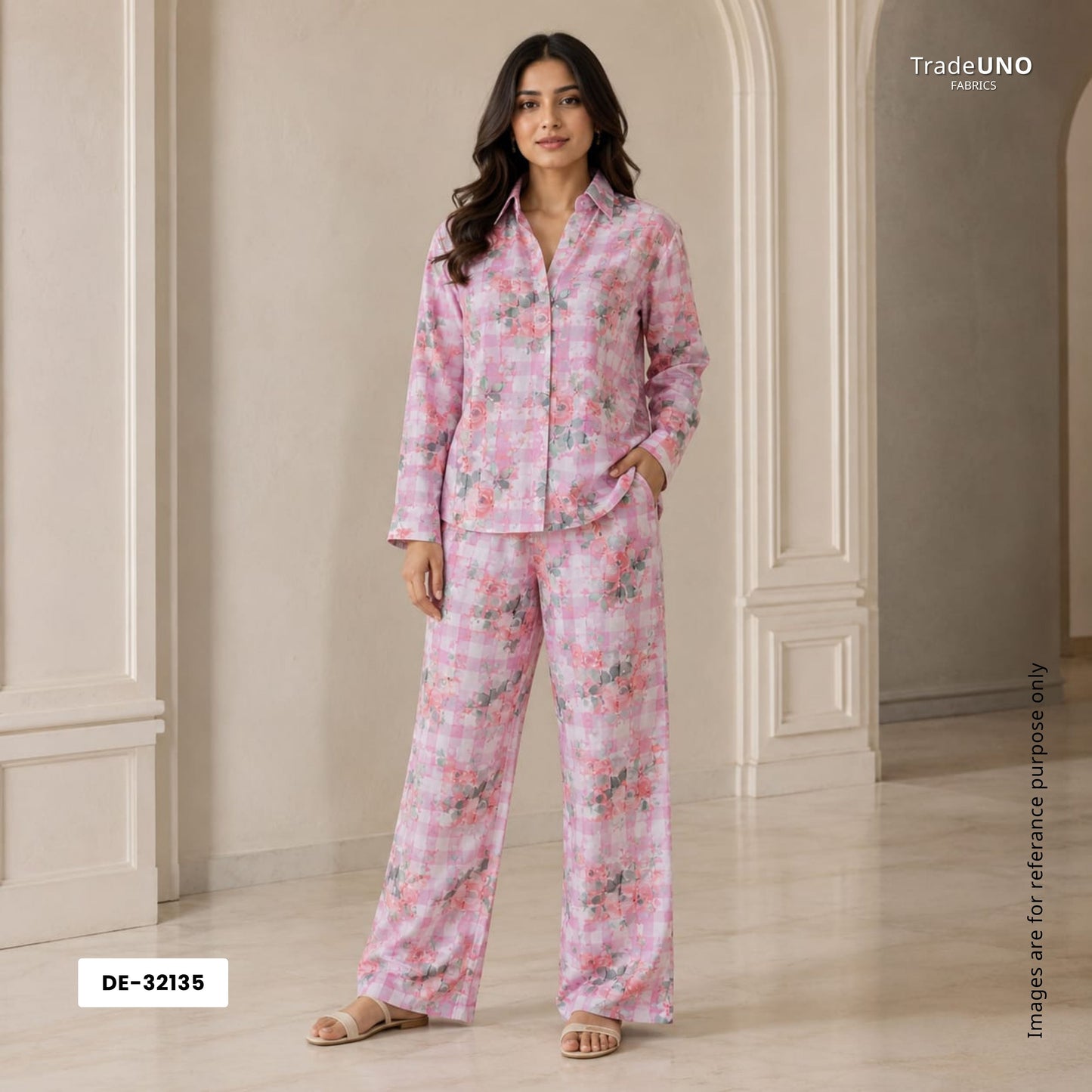 Pink Dobby check floral print Cotton Linen Fabric DE-32135
