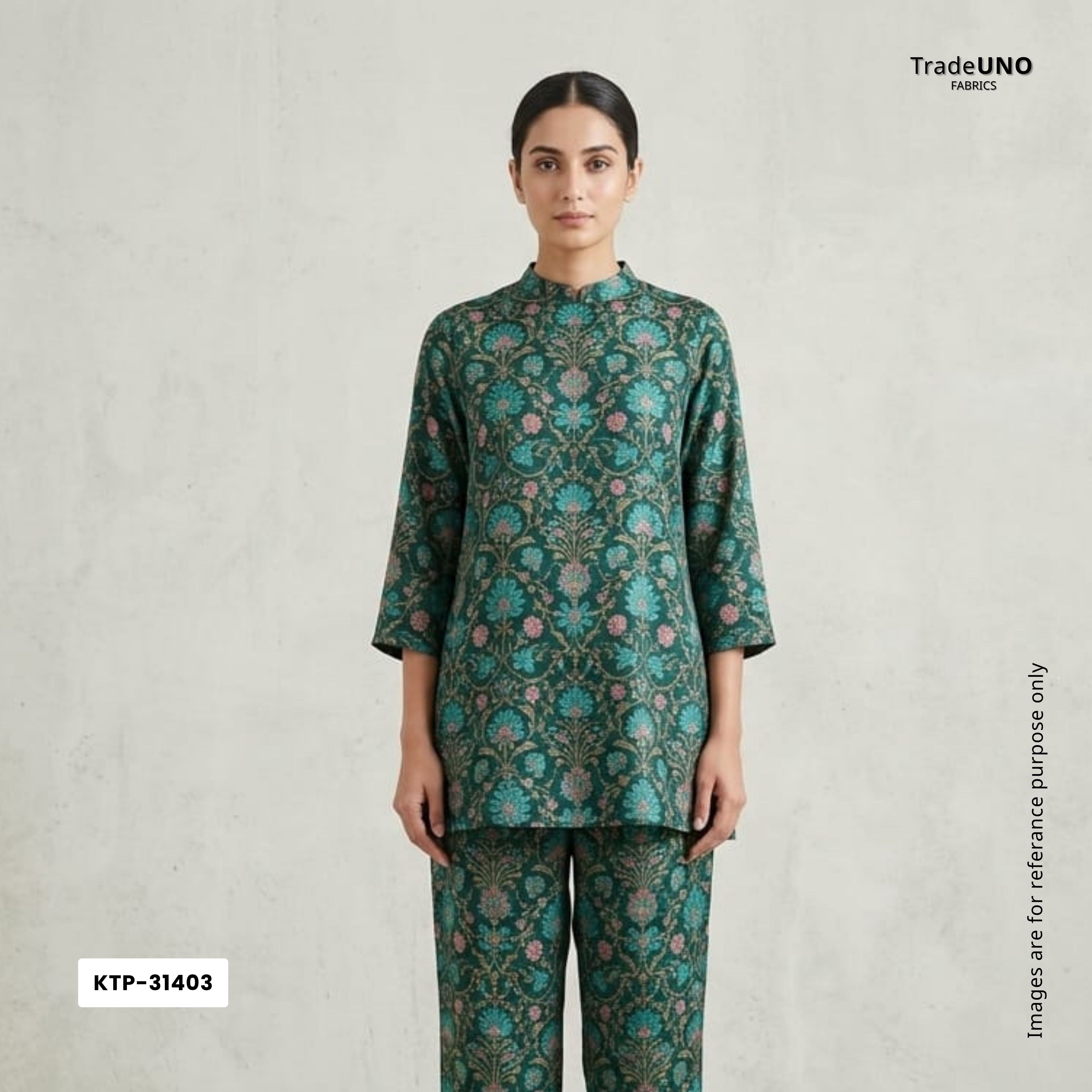 Bottle Green Mughal floral print Bemberg Modal Silk Fabric KTP-31403 - TradeUNO