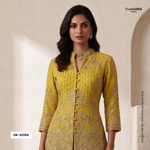Yellow Mughal Bird & Floral Jaal Embroidery Georgette Fabric DR-32394 - TradeUNO
