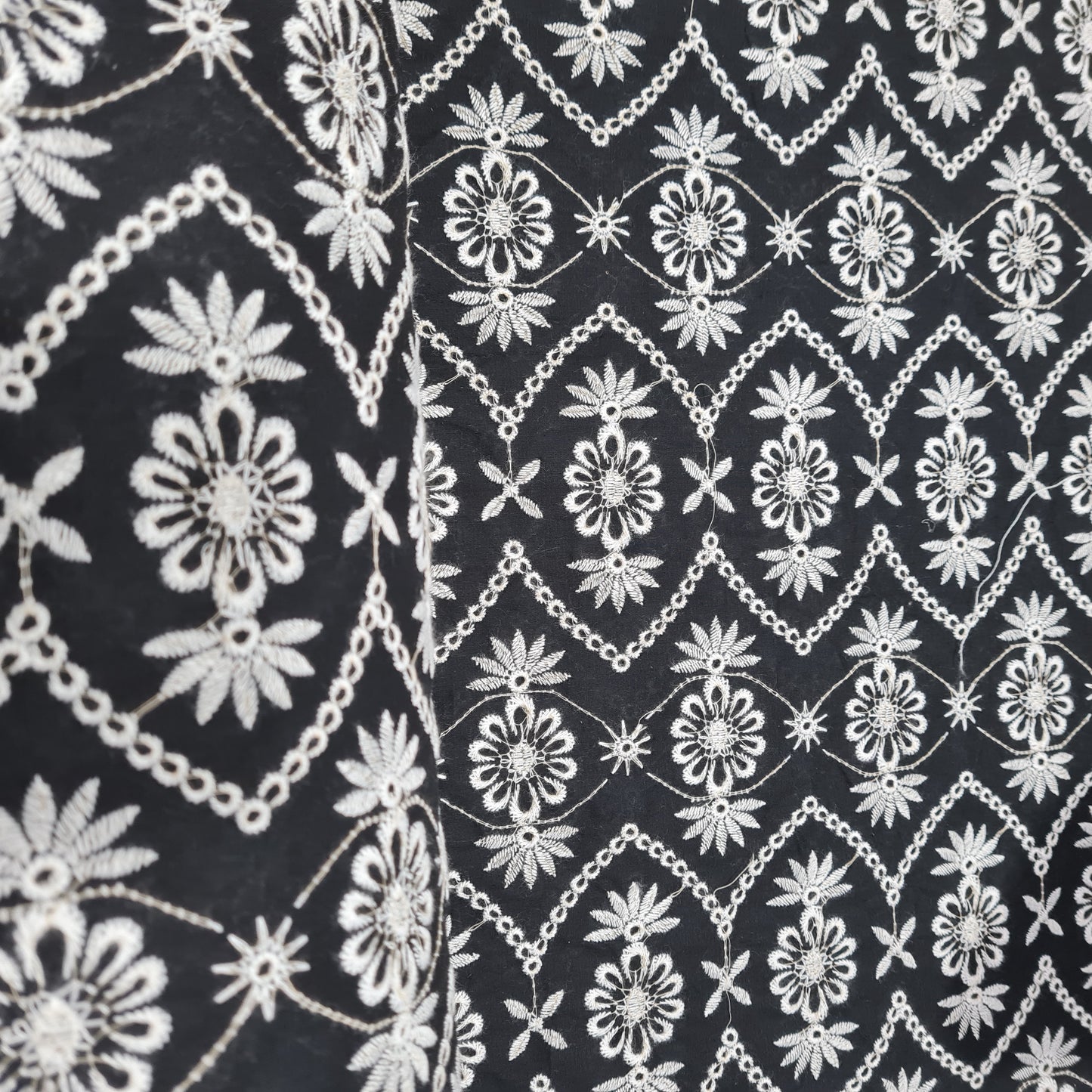 Black & White Floral Thread Embroidery Cotton Fabric - TradeUNO