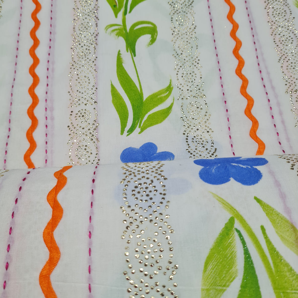Off White & Multicolor Floral Hand Paint Mukaish Work Thread Embroider - TradeUNO