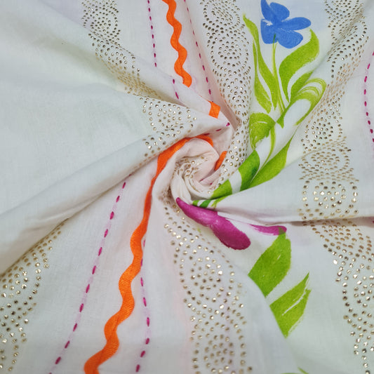 Off White & Multicolor Floral Hand Paint Mukaish Work Thread Embroidery Cotton Fabric