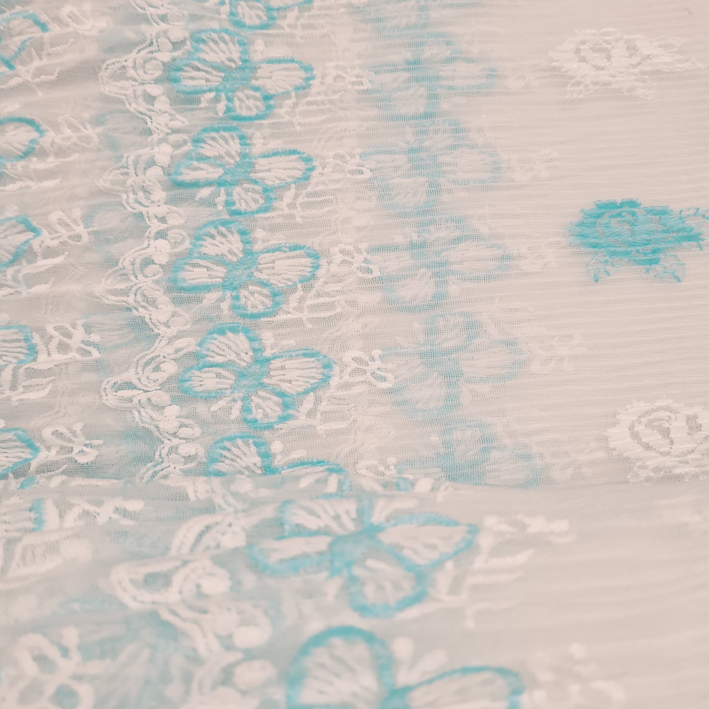 Sky Blue Floral Pleated Thread Embroidery Net Organza - TradeUNO