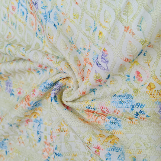 White & Green Traditioanl Print Cotton Blended Fabric
