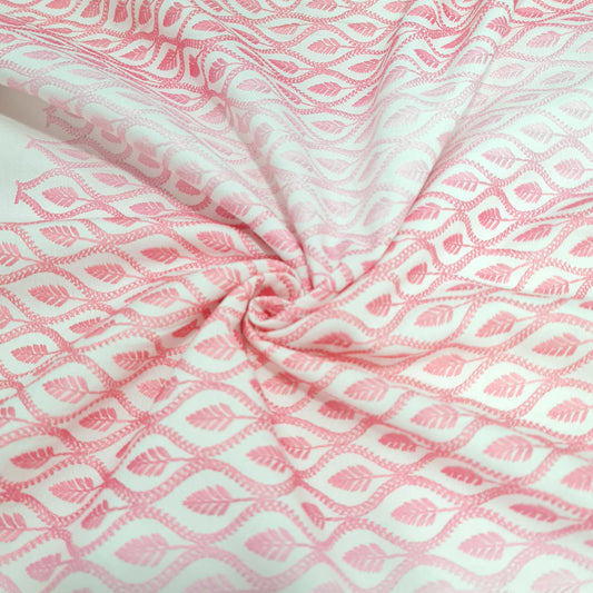 White & Pink Traditioanl Print Cotton Blended Fabric