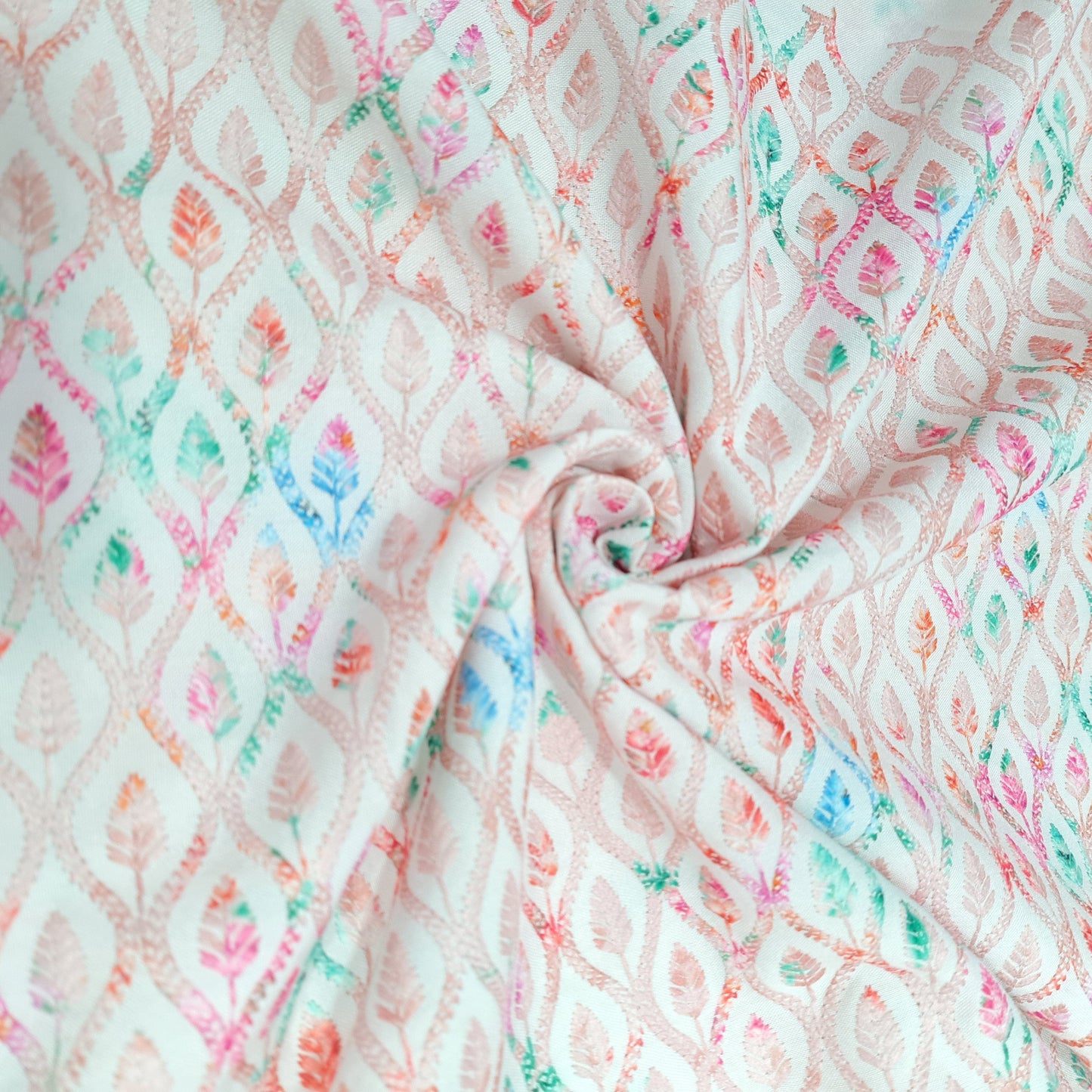 Peach Pink Traditional Print Cotton Blended Fabric