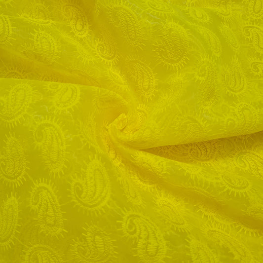 Yellow Paisley Thread Embroidery Organza Fabric