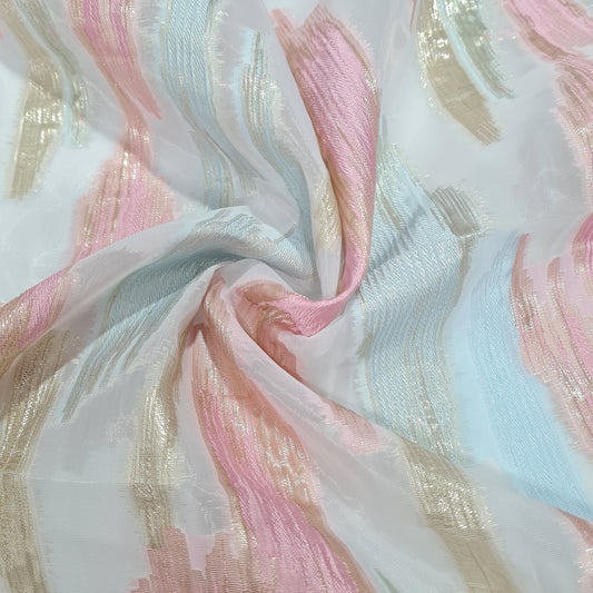 Pink & Blue With Gold Foil Organza Jacquard Fabric