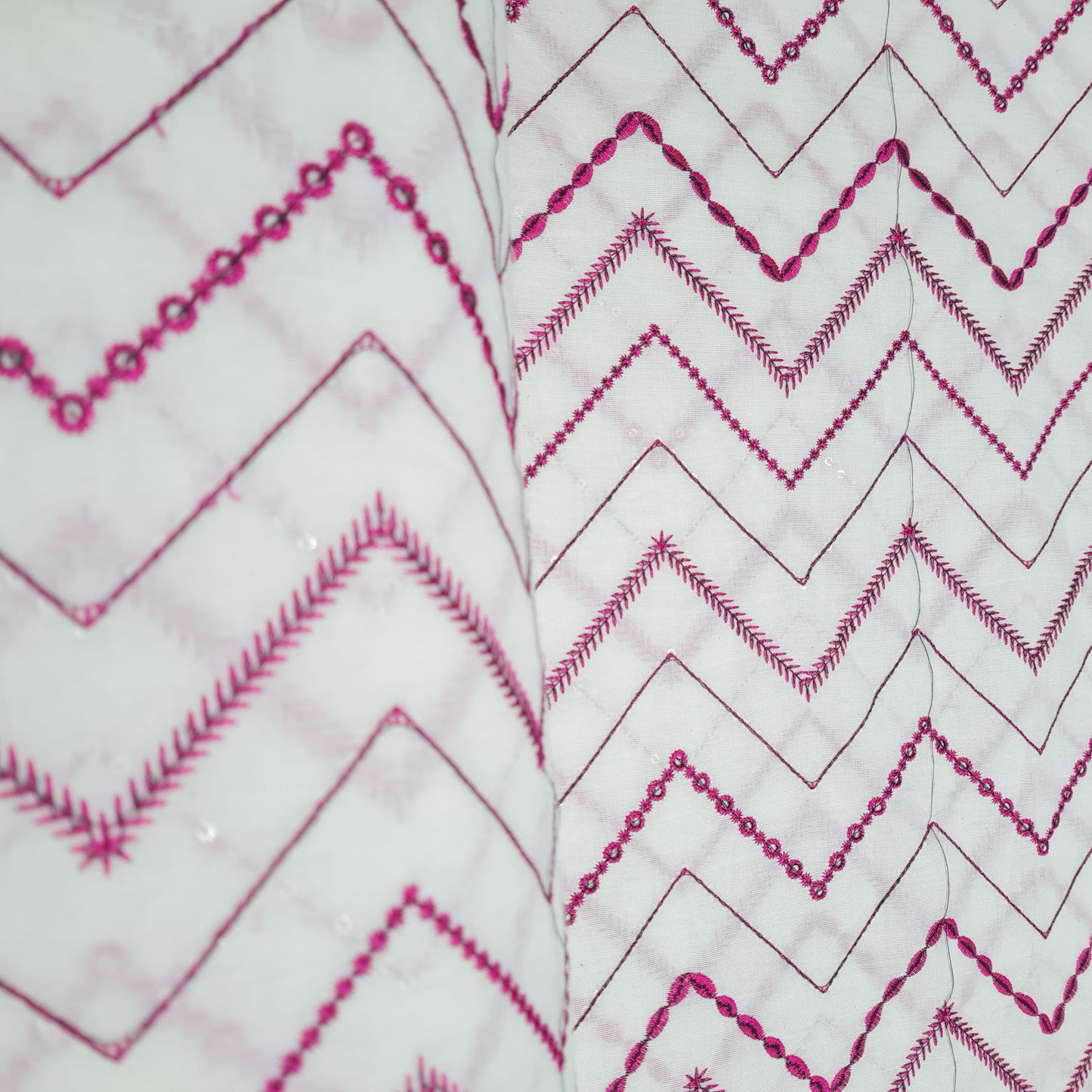 Griege & Pink Chevron Sequence Thread Embroidery Cotton Fabric