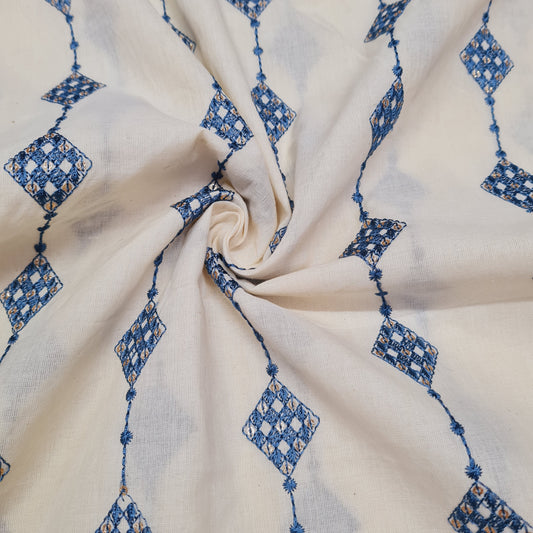 Griege & Blue Geometerical Sequence Embroidery Cotton Fabric