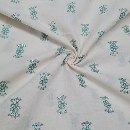 Griege & Green Floral Sequence Embroidery Cotton Fabric