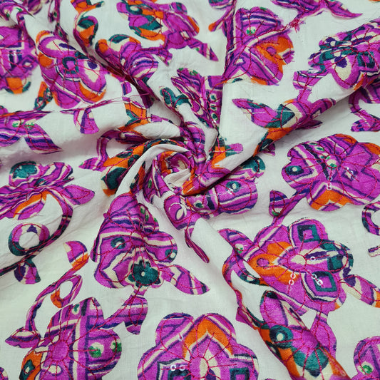 Griege & Purple Floral Applique Work Sequence Embroidery Cotton Fabric