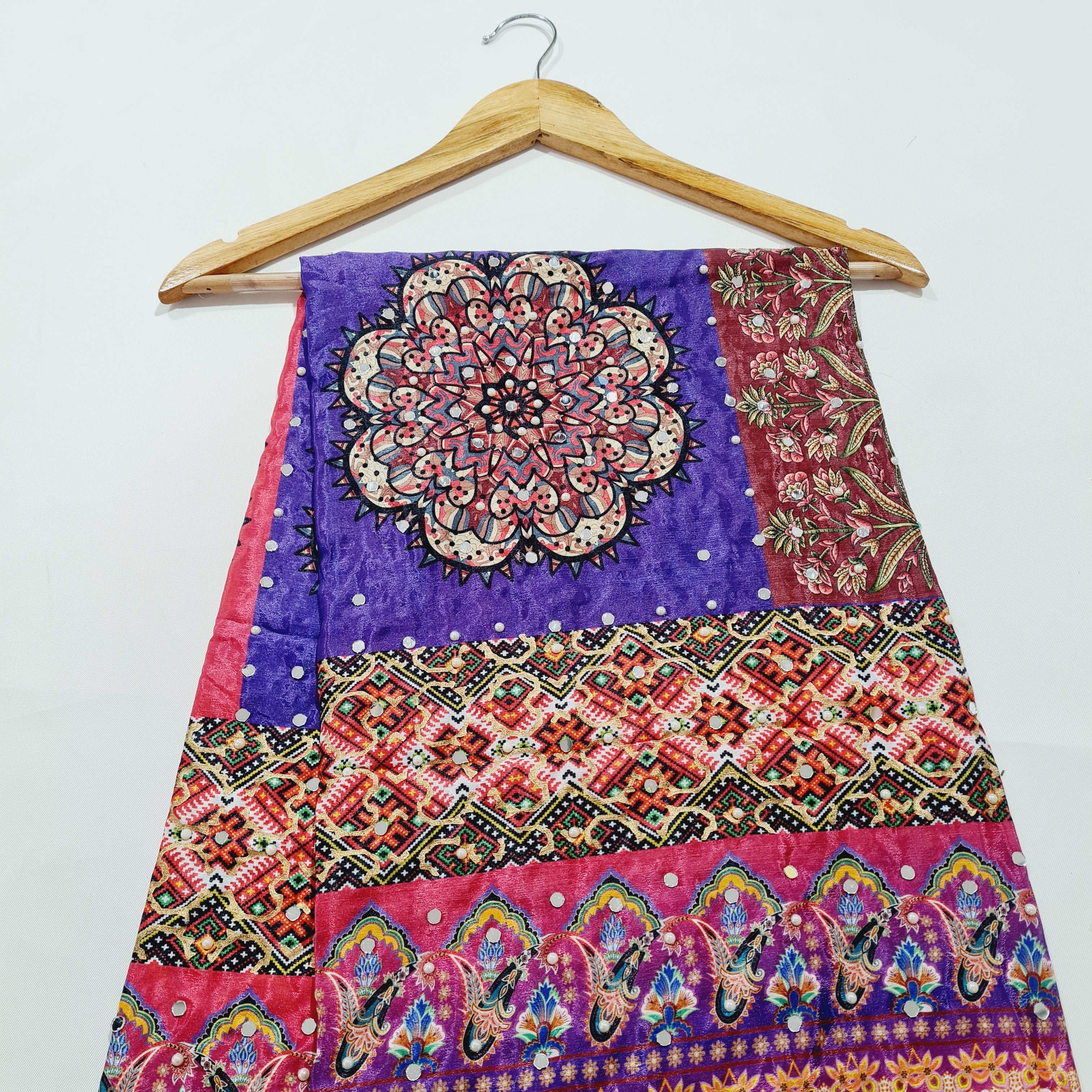 Mutlicolor Traditional Pearl & Mirror Work Silk Dupatta - TradeUNO