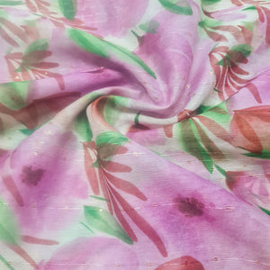 White & Purple Floral Sequence Chanderi Fabric - TradeUNO