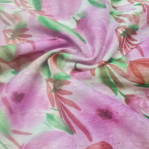 White & Purple Floral Sequence Chanderi Fabric - TradeUNO
