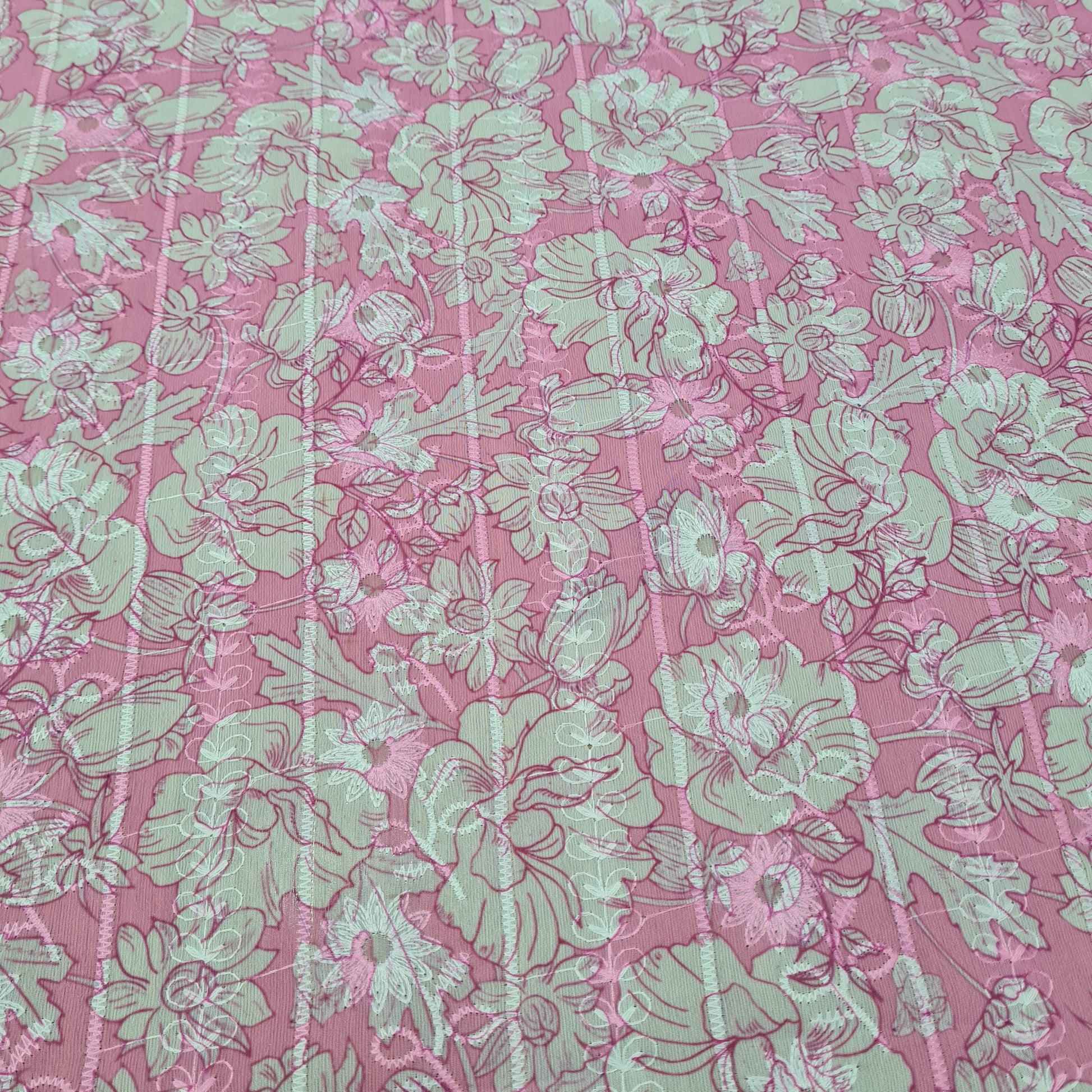 Pink White Thread Embroidery Imported Organza Chiffon Fabric - TradeUNO
