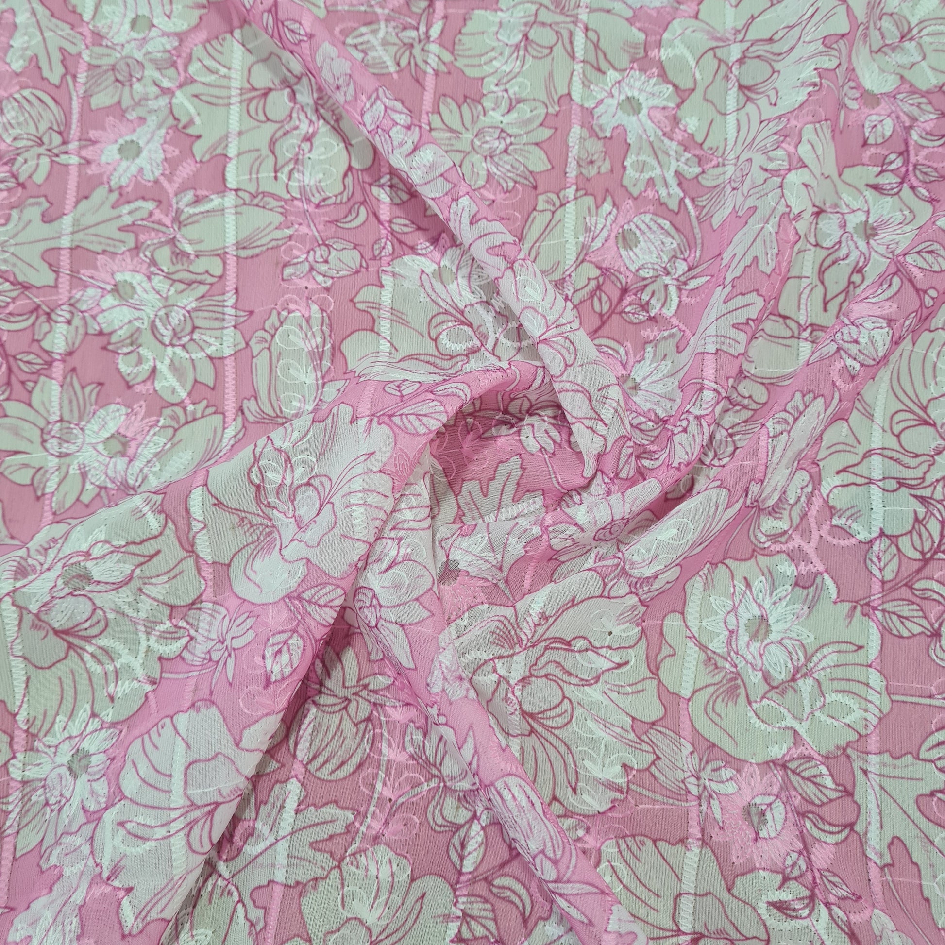 Pink White Thread Embroidery Imported Organza Chiffon Fabric - TradeUNO