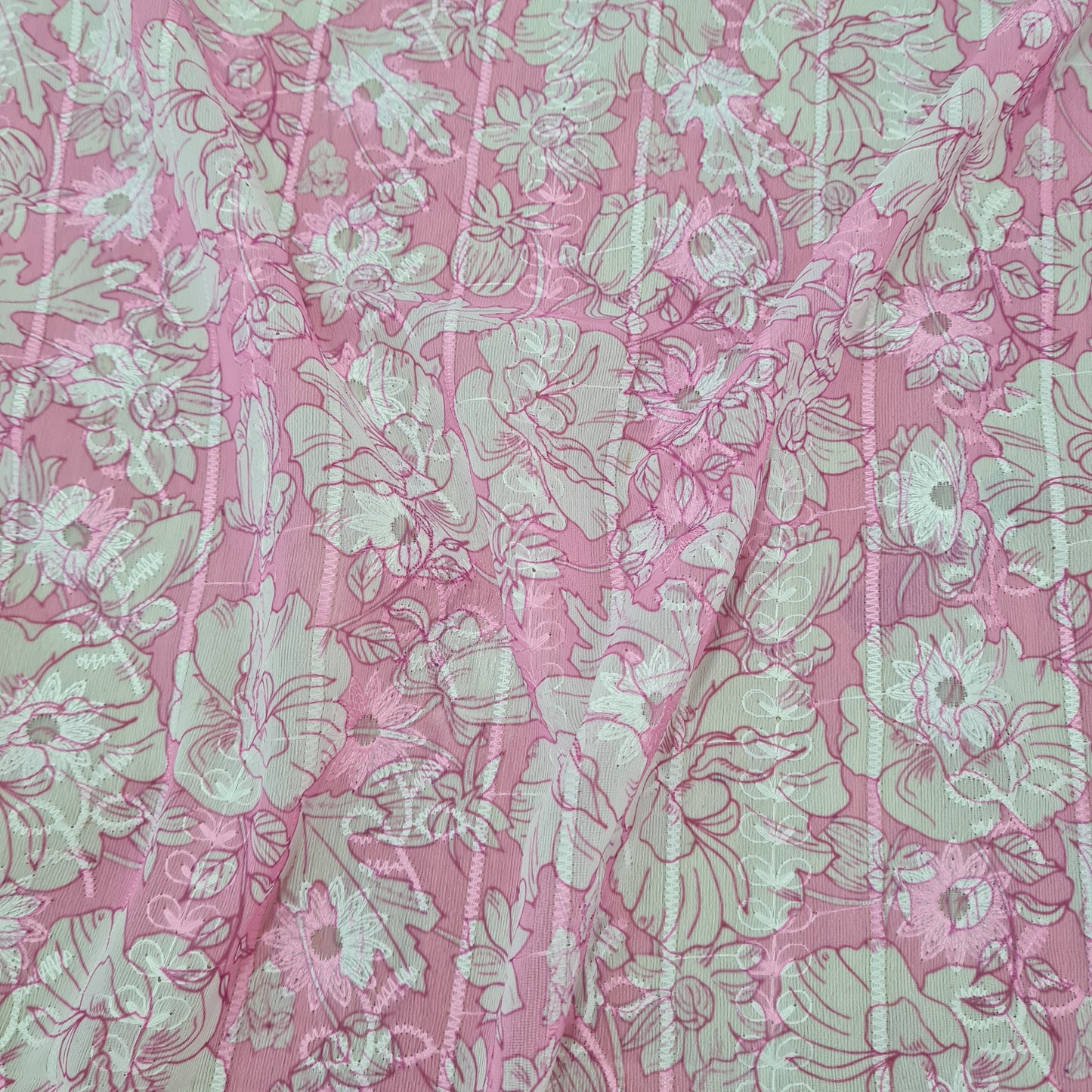 Pink White Thread Embroidery Imported Organza Chiffon Fabric - TradeUNO