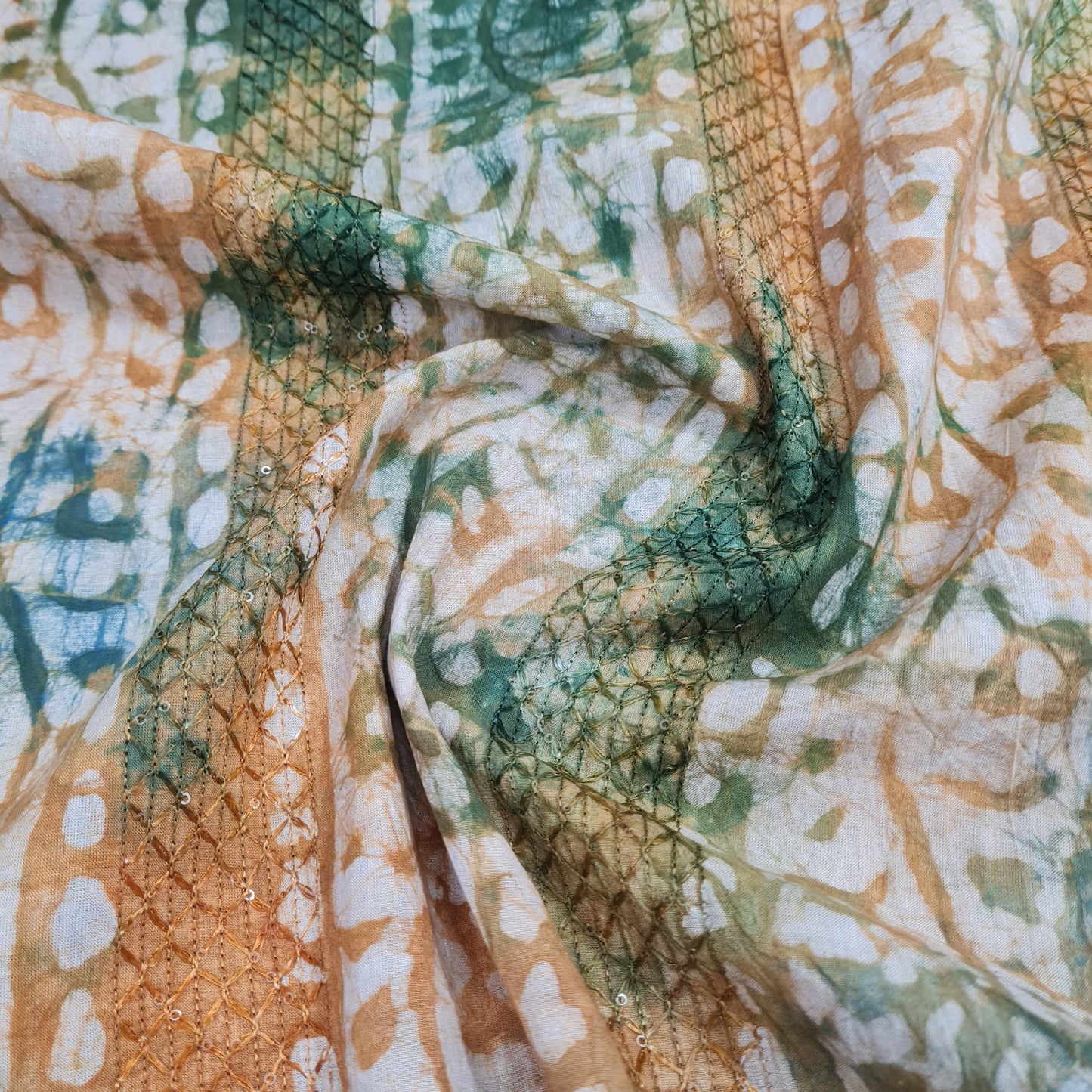 Orange Batik Print Sequence Embroidery Cotton Fabric - TradeUNO