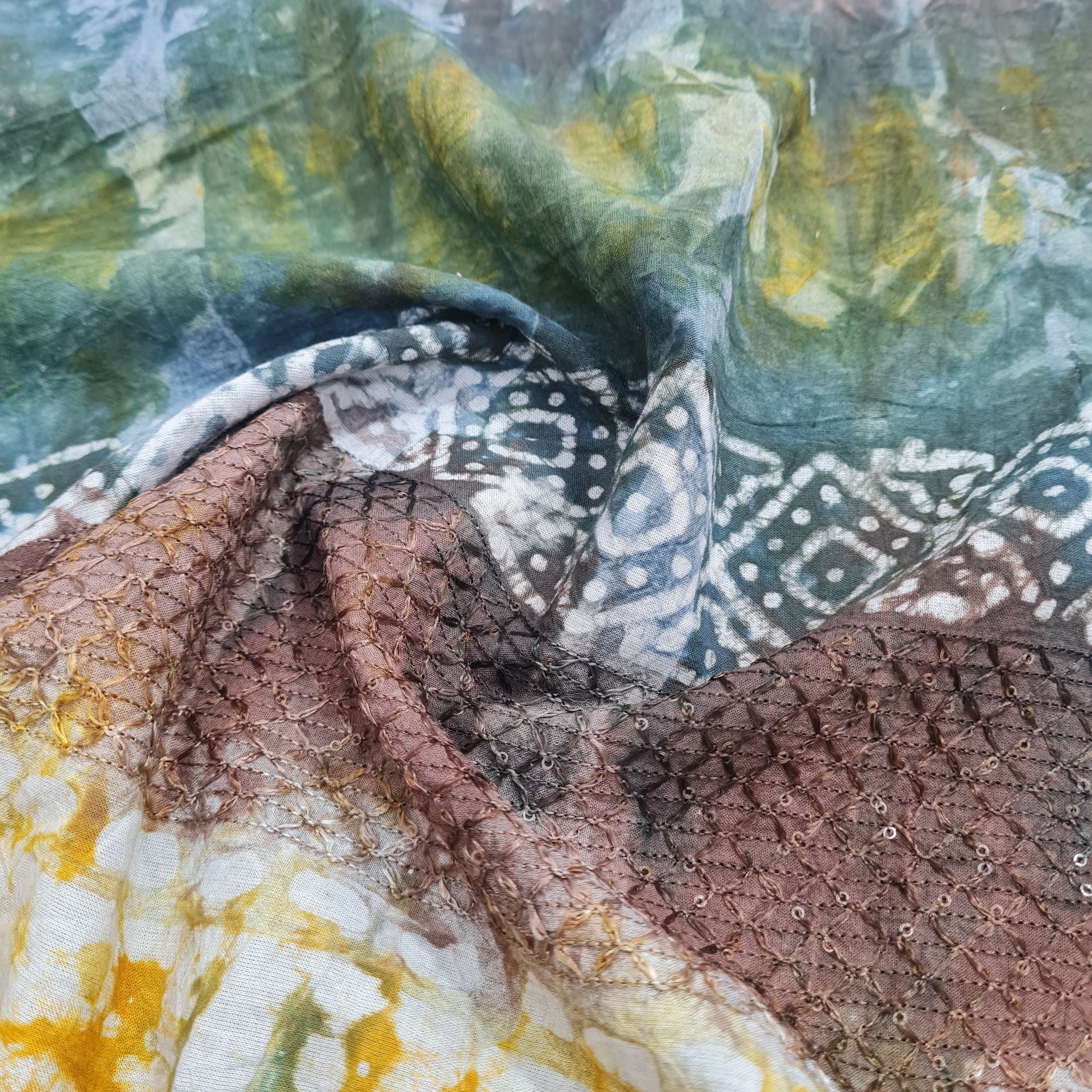 Blue Batik Print Sequence Embroidery Cotton Fabric - TradeUNO