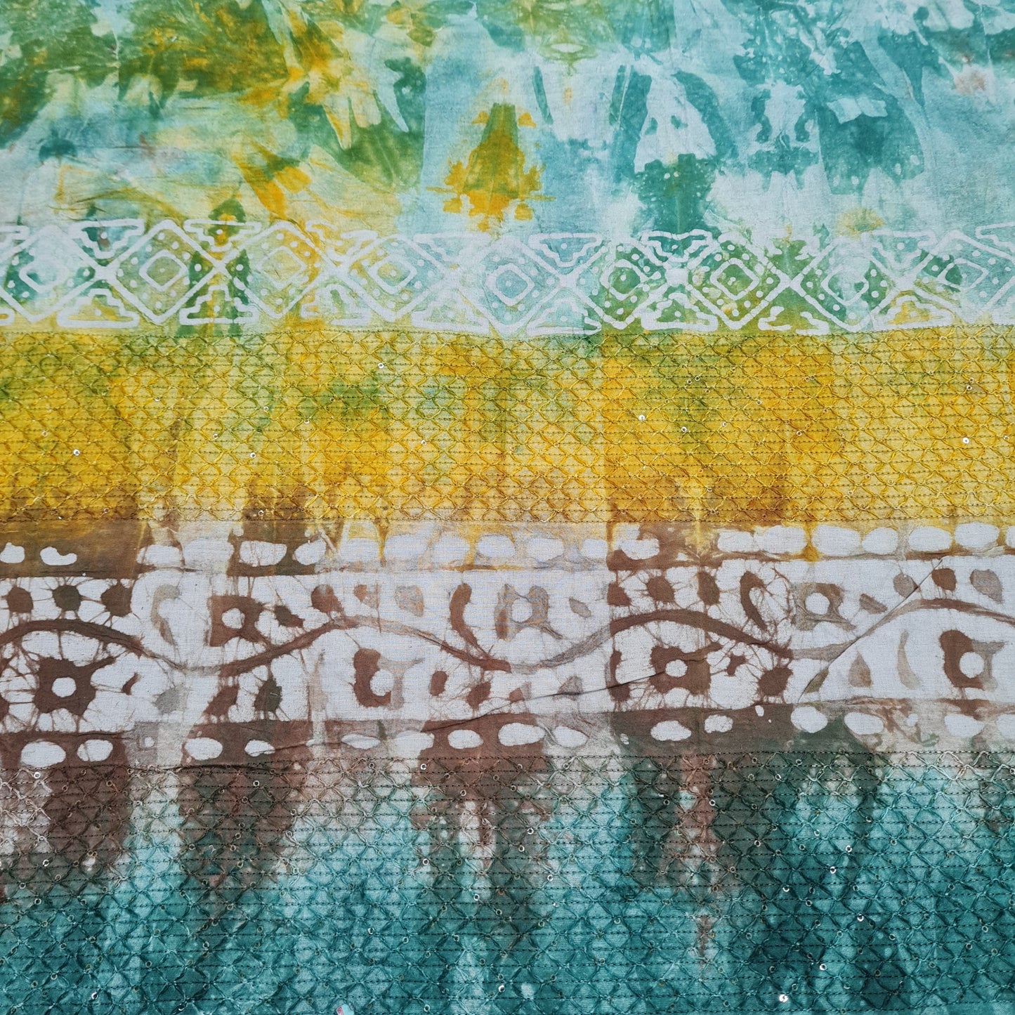 Green Batik Print Sequence Embroidery Cotton Fabric - TradeUNO