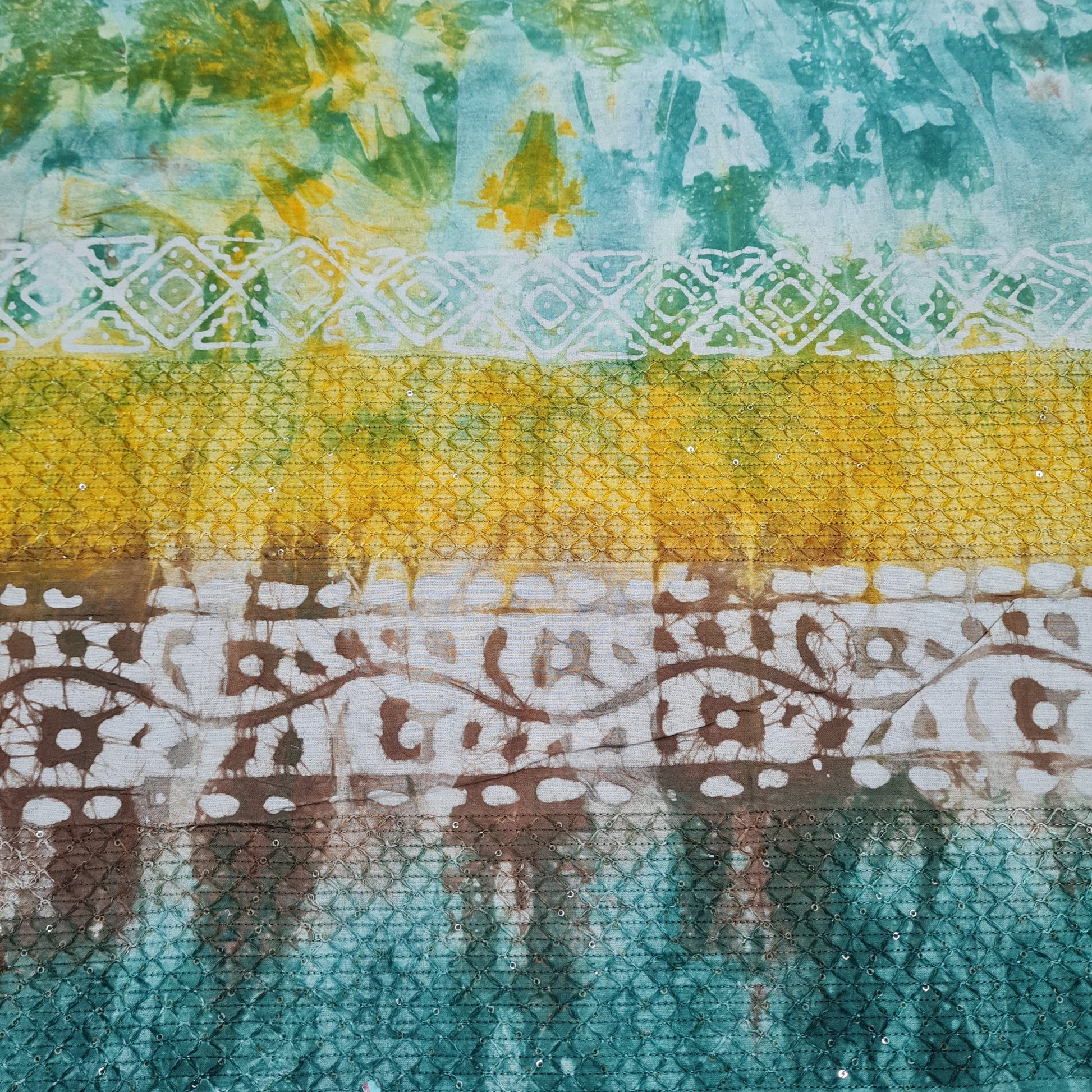 Green Batik Print Sequence Embroidery Cotton Fabric - TradeUNO