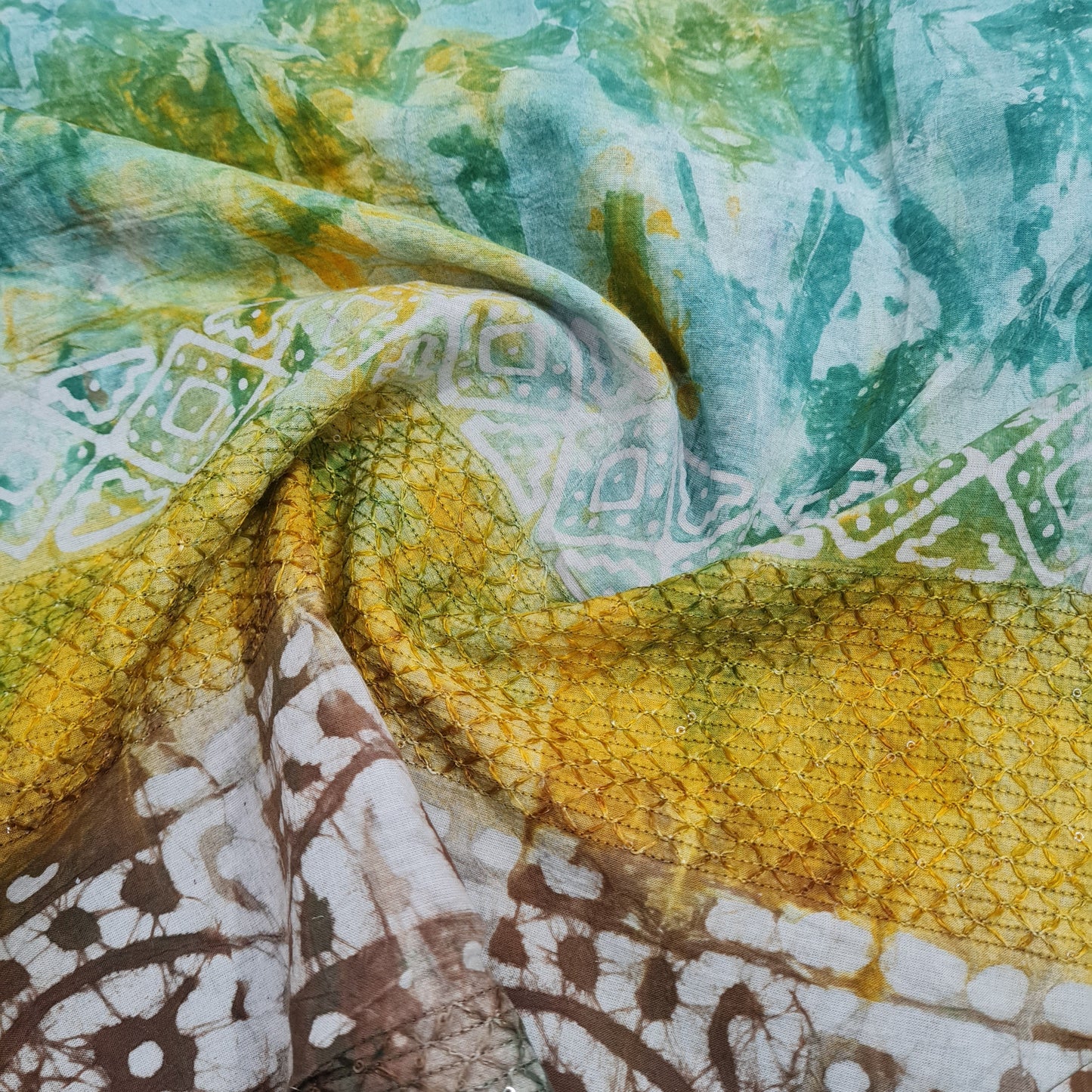 Green Batik Print Sequence Embroidery Cotton Fabric - TradeUNO