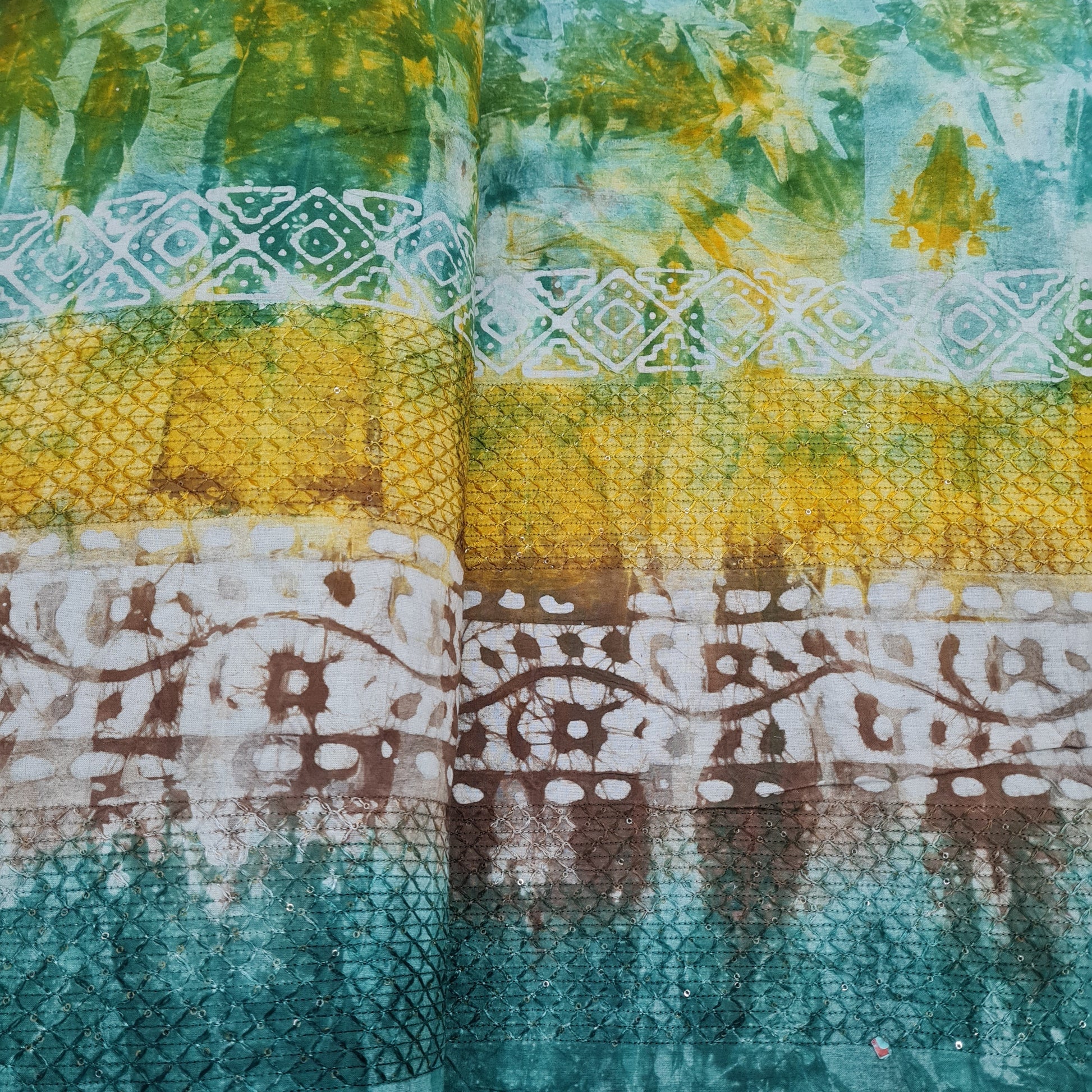 Green Batik Print Sequence Embroidery Cotton Fabric - TradeUNO