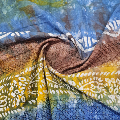 Blue Batik Print Sequence Embroidery Cotton Fabric - TradeUNO
