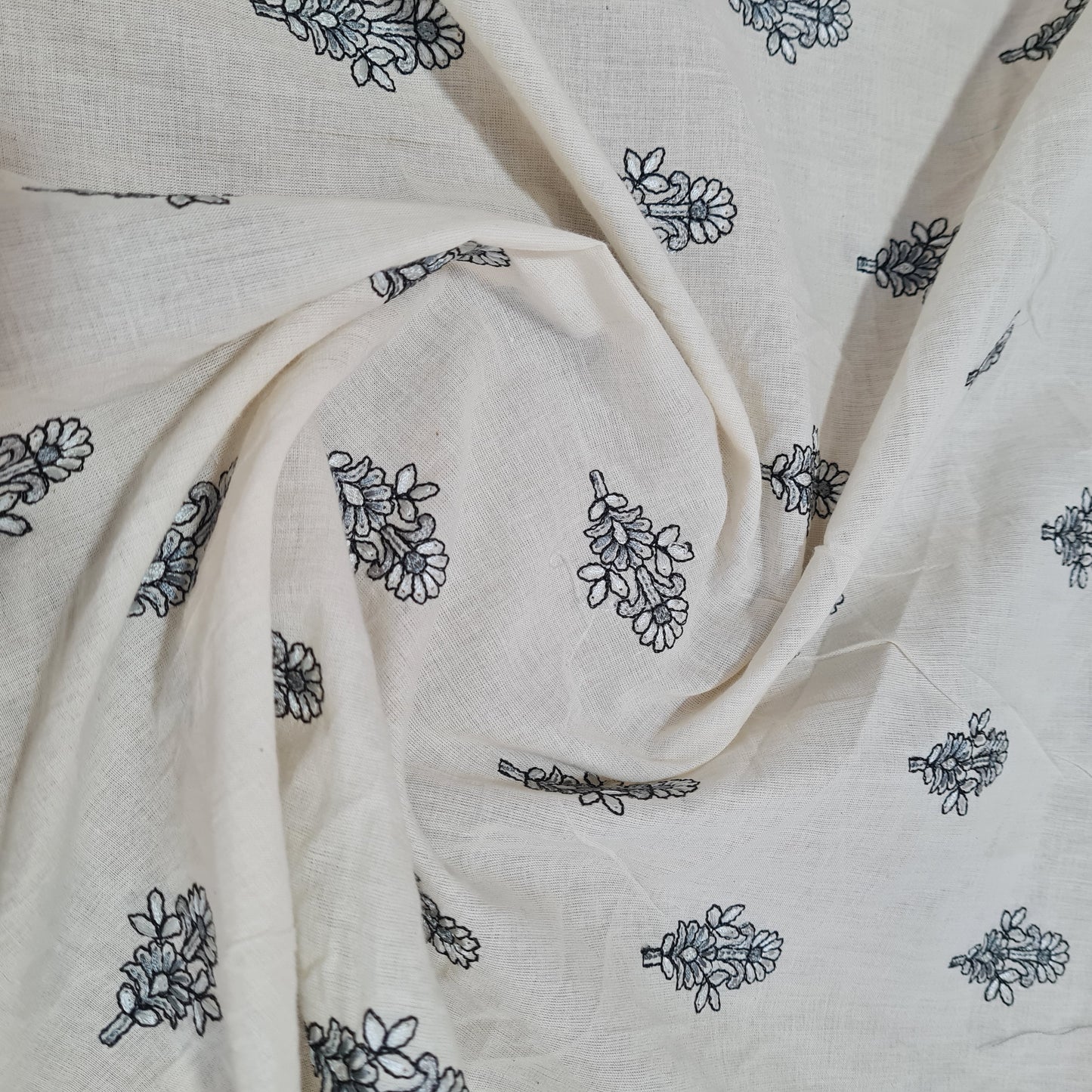 Off White Black Floral Thread Embroidery Cotton Fabric - TradeUNO