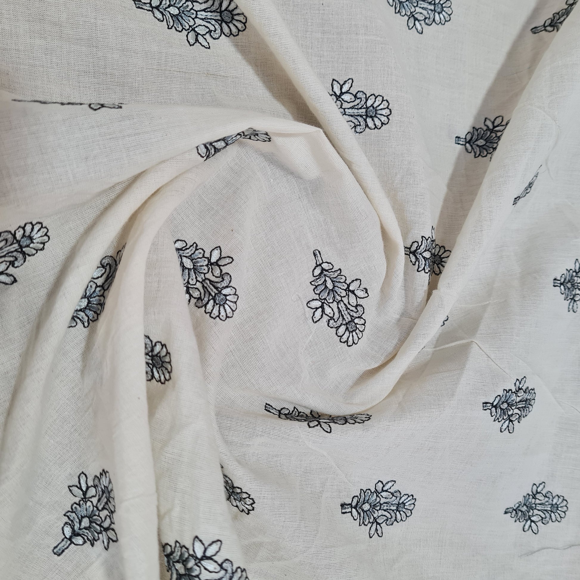 Off White Black Floral Thread Embroidery Cotton Fabric - TradeUNO