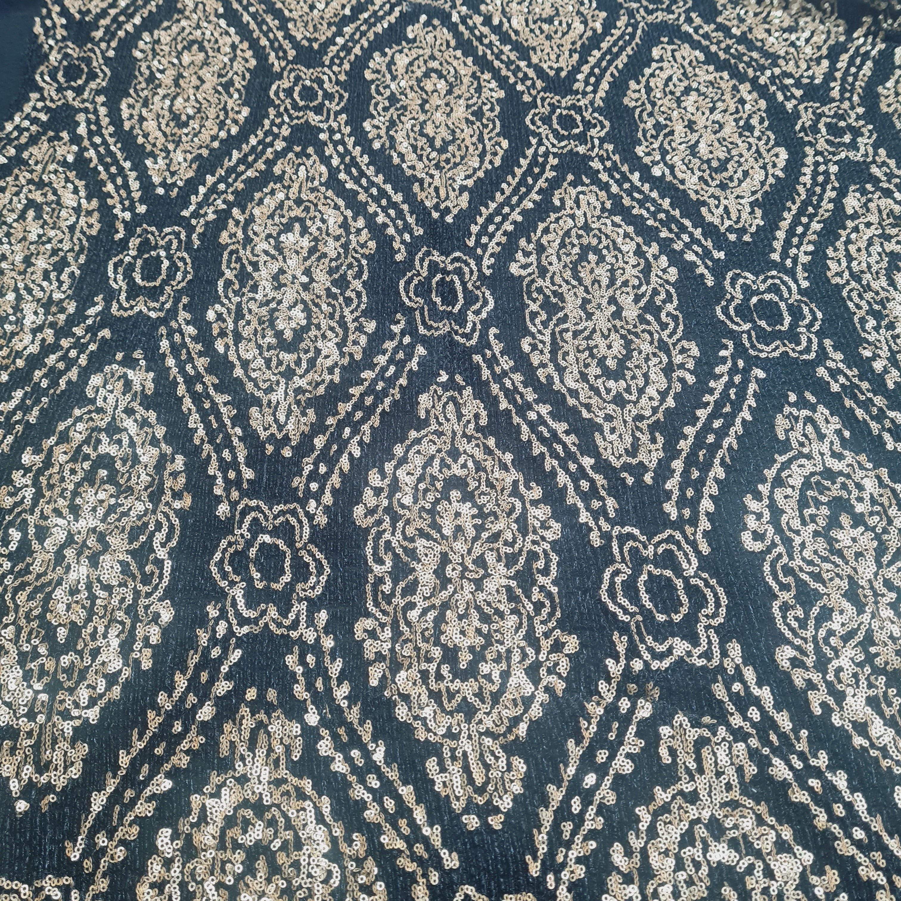 Black With Gold Sequence Embroidery Lycra Net Fabric - TradeUNO