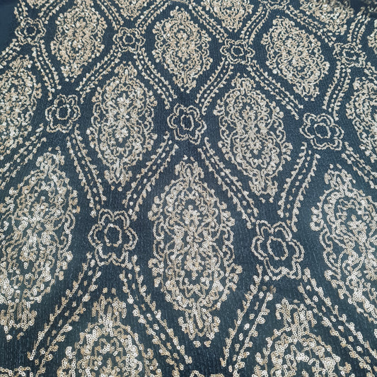 Black With Gold Sequence Embroidery Lycra Net Fabric