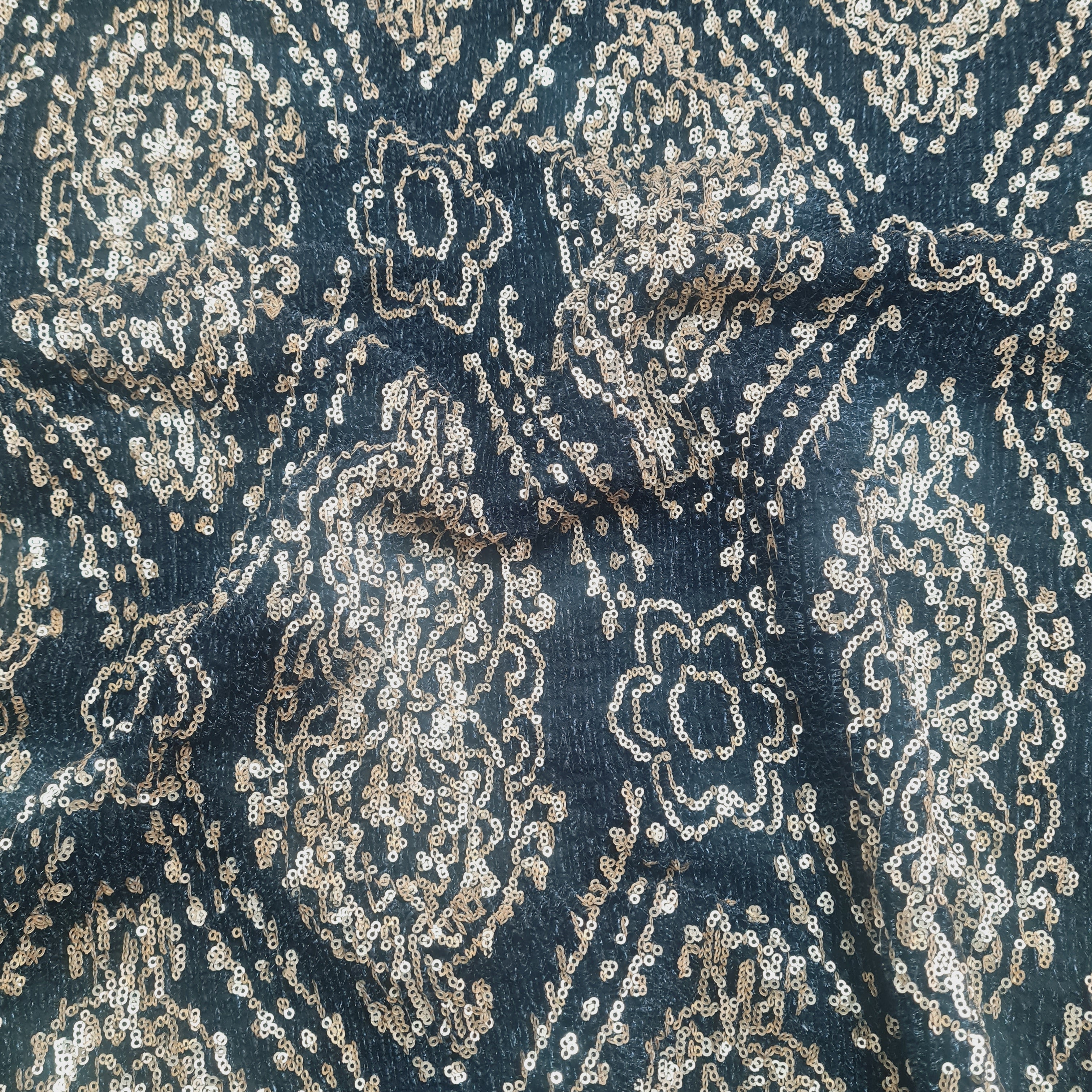 Black With Gold Sequence Embroidery Lycra Net Fabric - TradeUNO