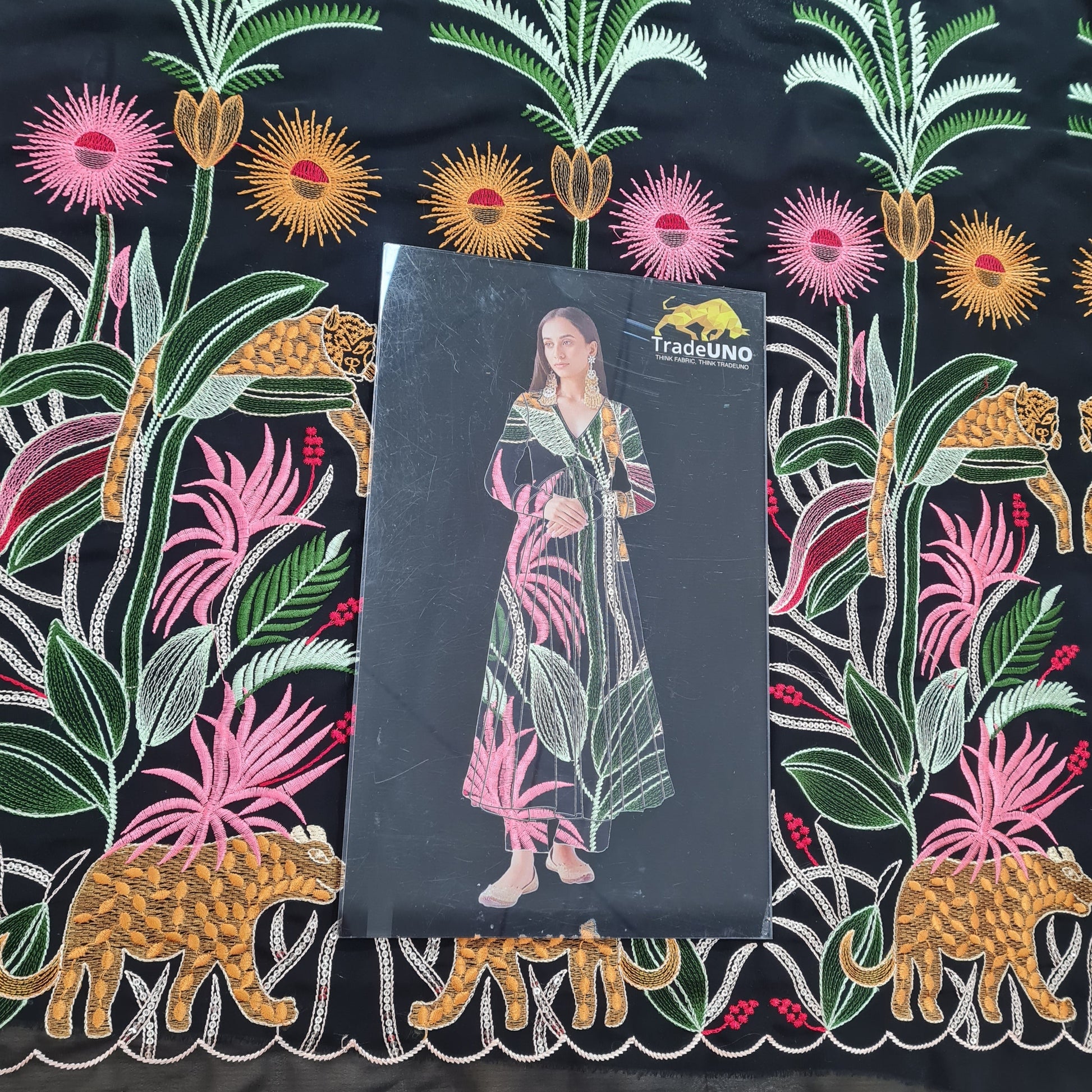 Black & Multicolor Floral Handwork Sequence Embroidery Georgette Fabric - TradeUNO