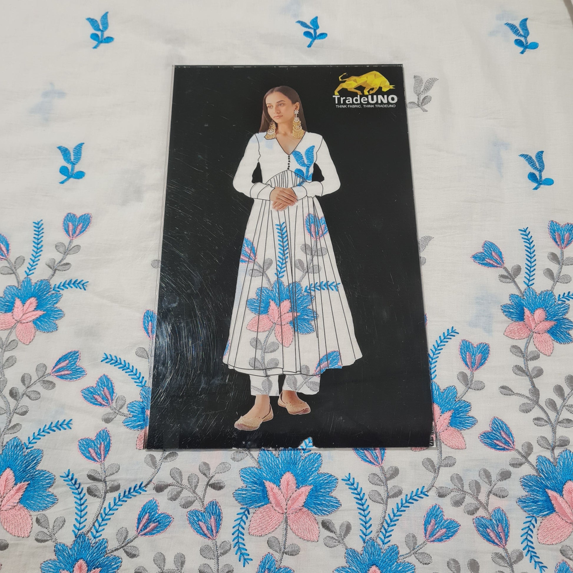 White & Blue Floral Thread Embroidery Cotton Fabric - TradeUNO
