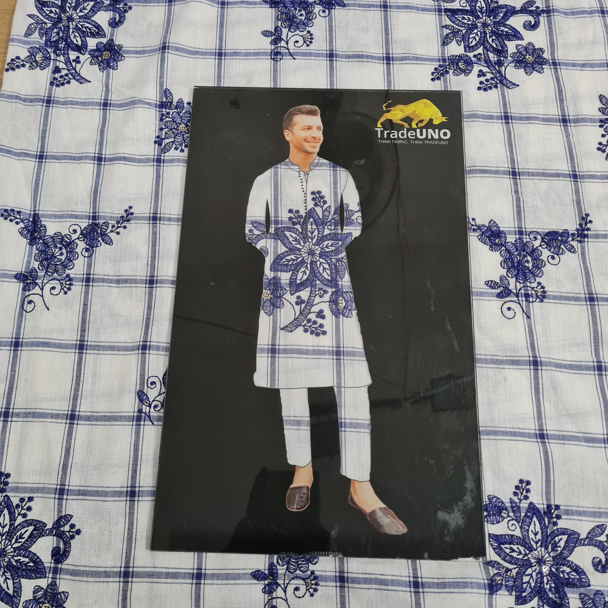White & Purple Check & Floral Sequence Thread Embroidery Cotton Fabric - TradeUNO