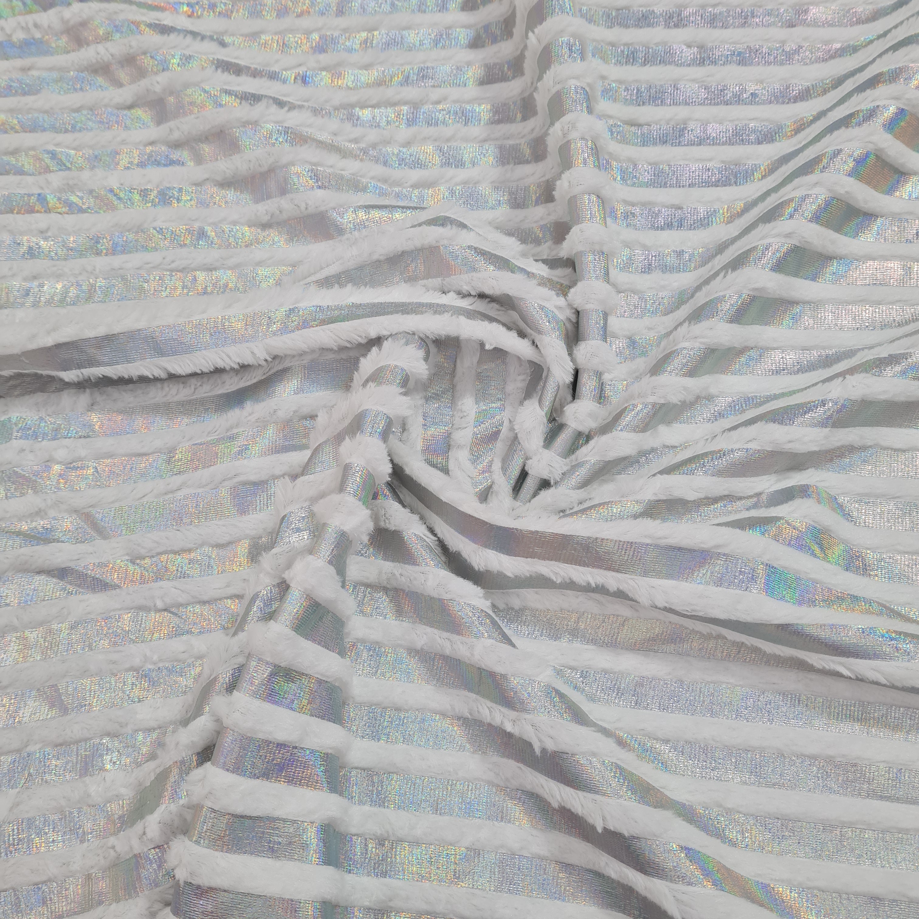 White & Silver Stripe Fur Rexine Fabric - TradeUNO