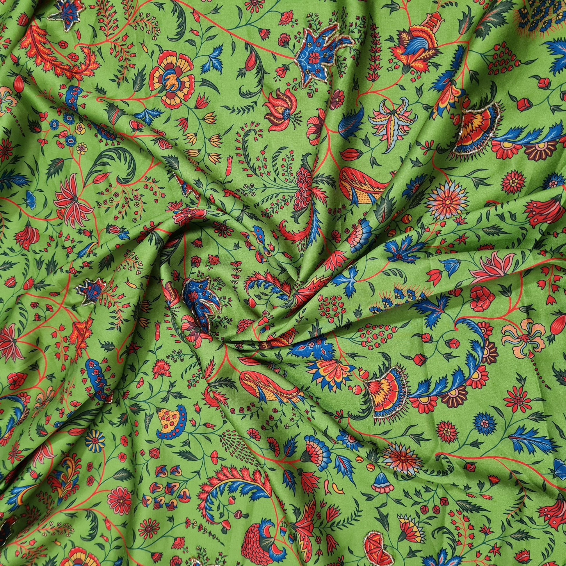 Green Floral Hand Embroidery Modal Satin Fabric - TradeUNO