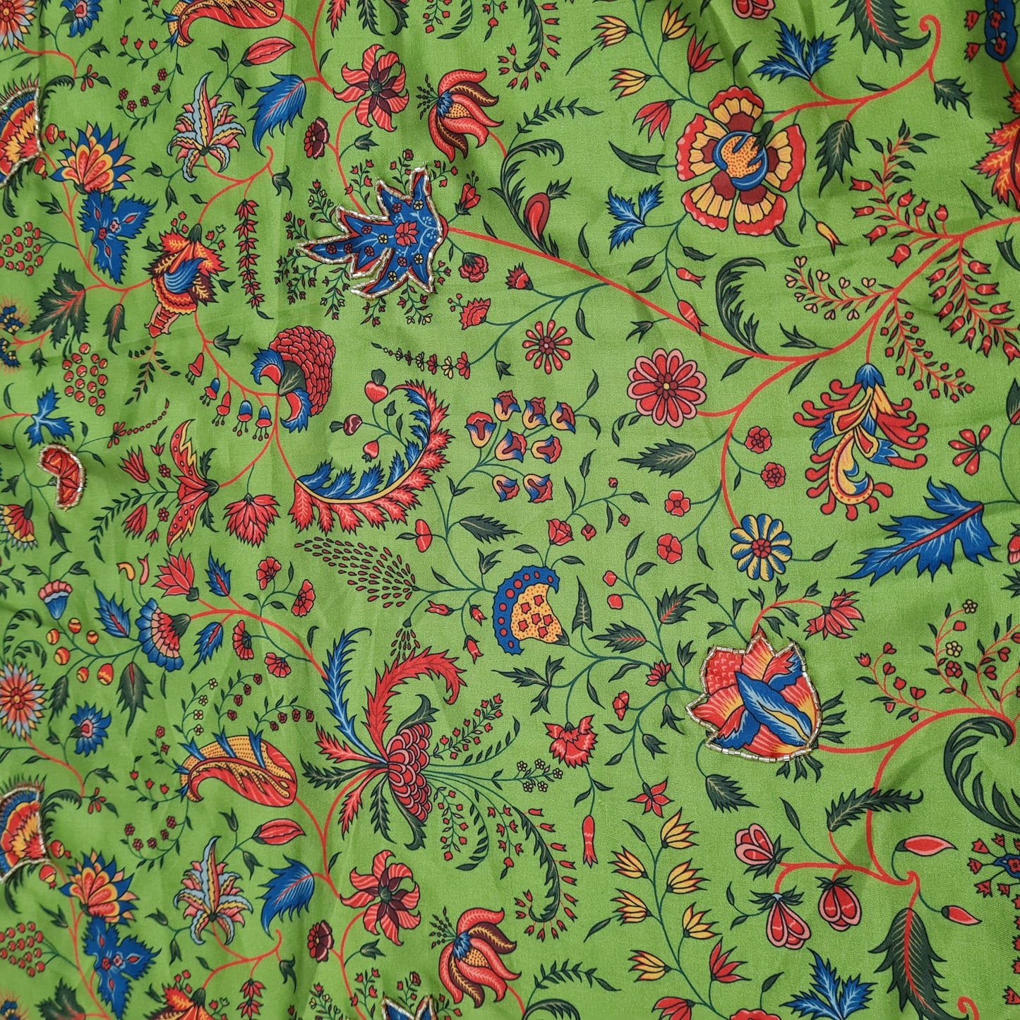 Green Floral Hand Embroidery Modal Satin Fabric - TradeUNO