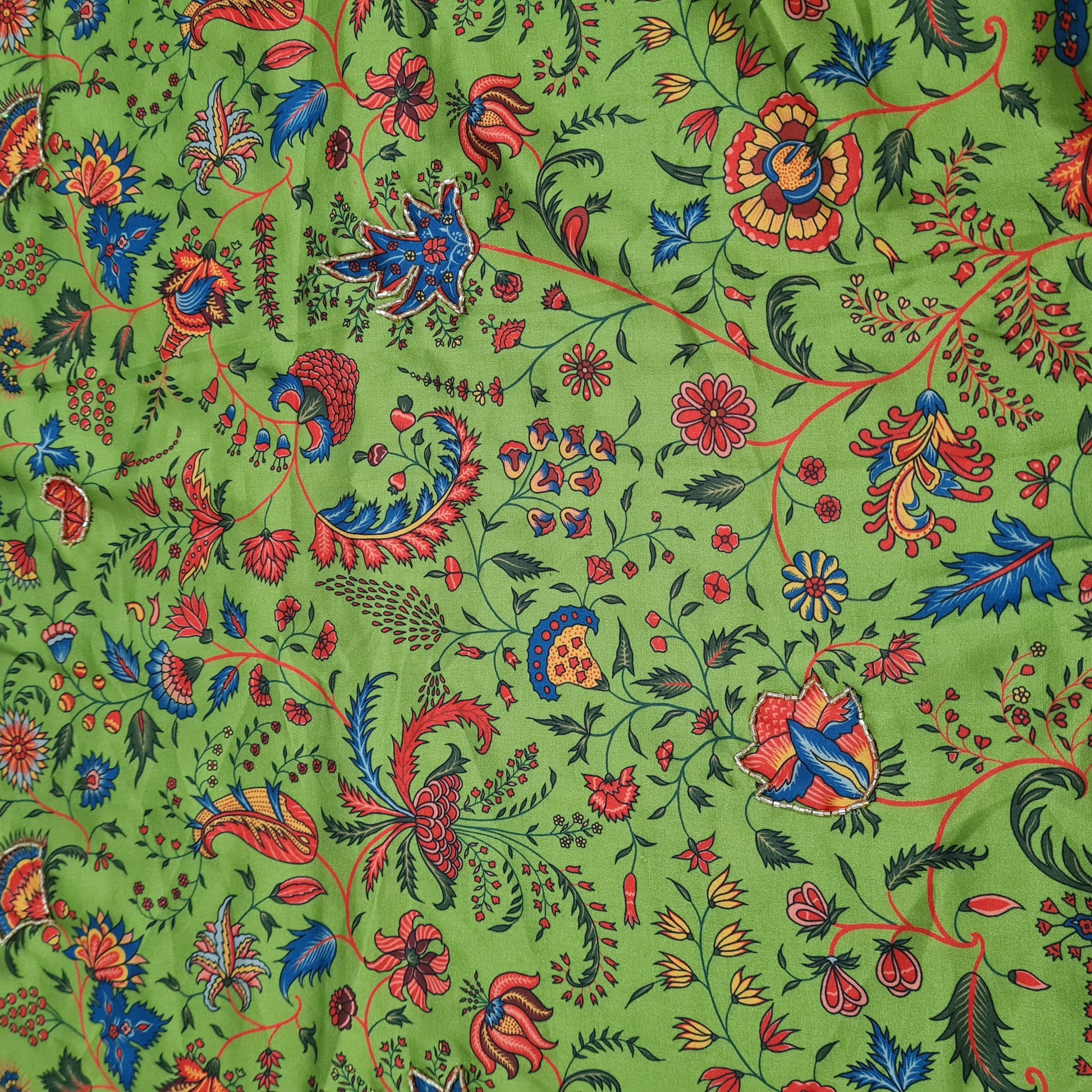 Green Floral Hand Embroidery Modal Satin Fabric - TradeUNO