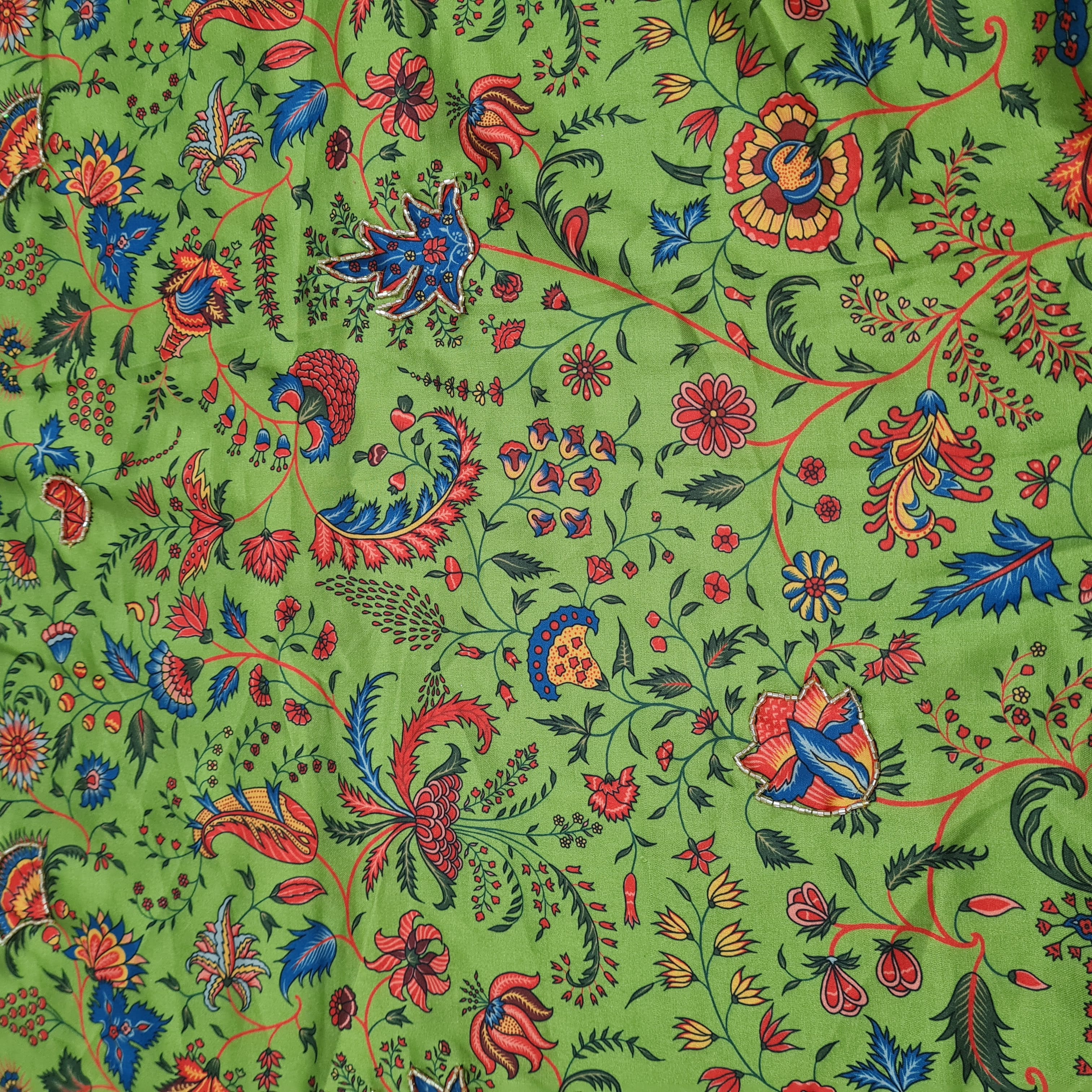 Green Floral Hand Embroidery Modal Satin Fabric - TradeUNO