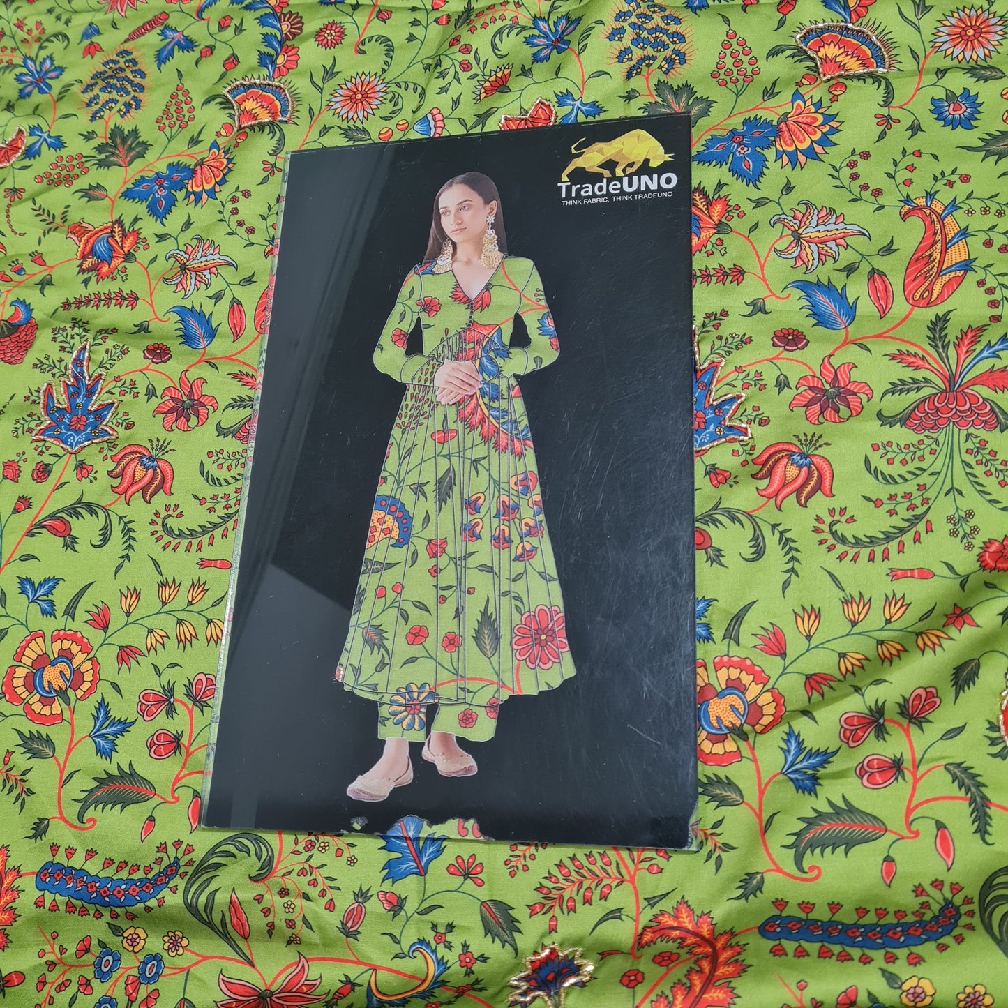 Green Floral Hand Embroidery Modal Satin Fabric - TradeUNO