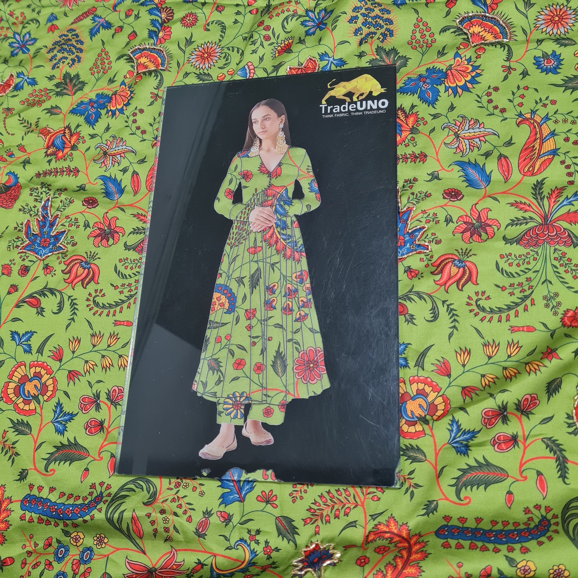 Green Floral Hand Embroidery Modal Satin Fabric - TradeUNO