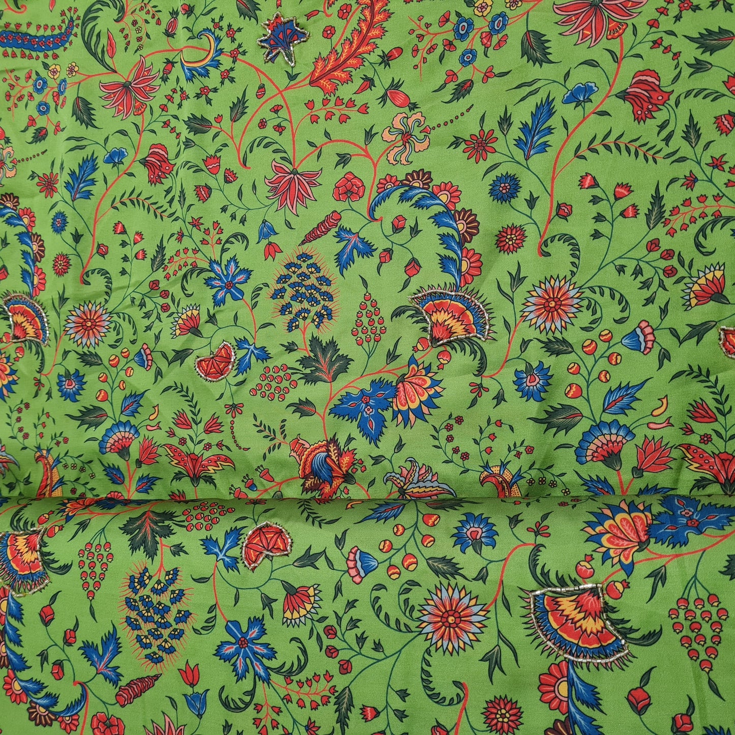 Green Floral Hand Embroidery Modal Satin Fabric - TradeUNO