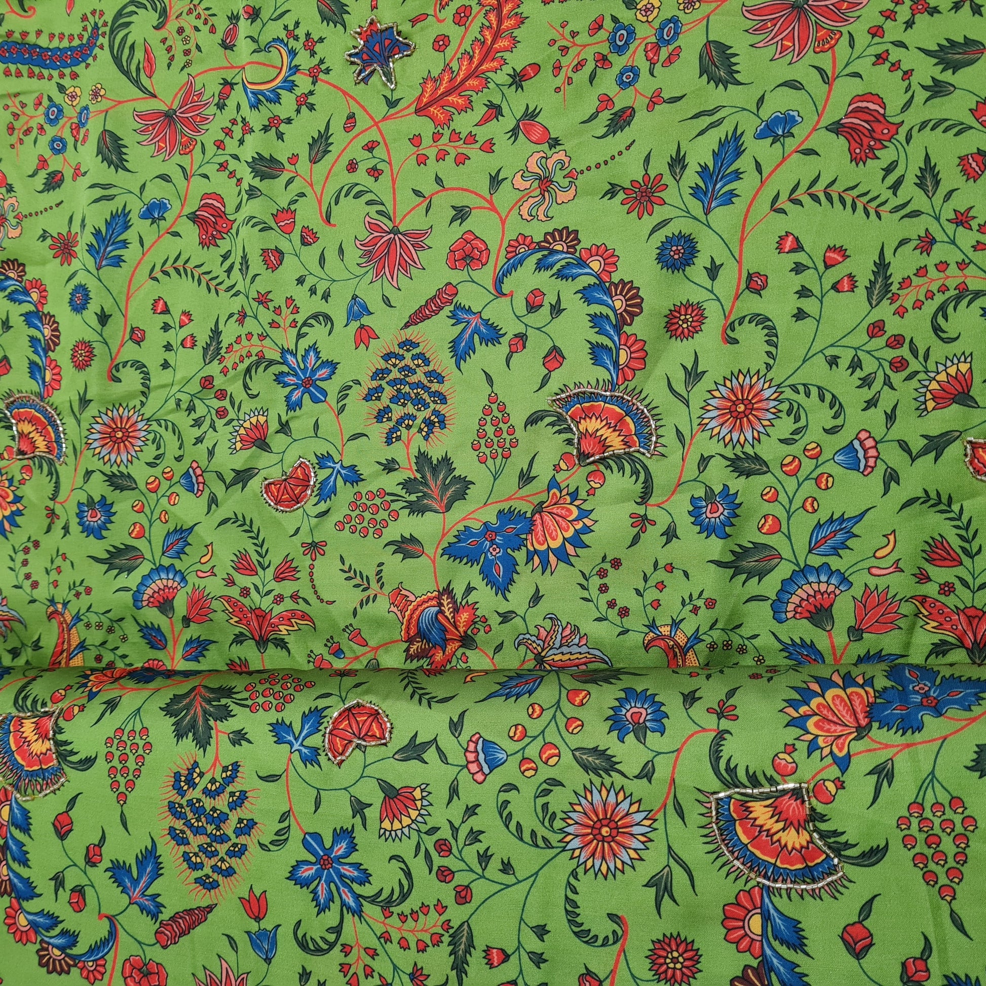 Green Floral Hand Embroidery Modal Satin Fabric - TradeUNO