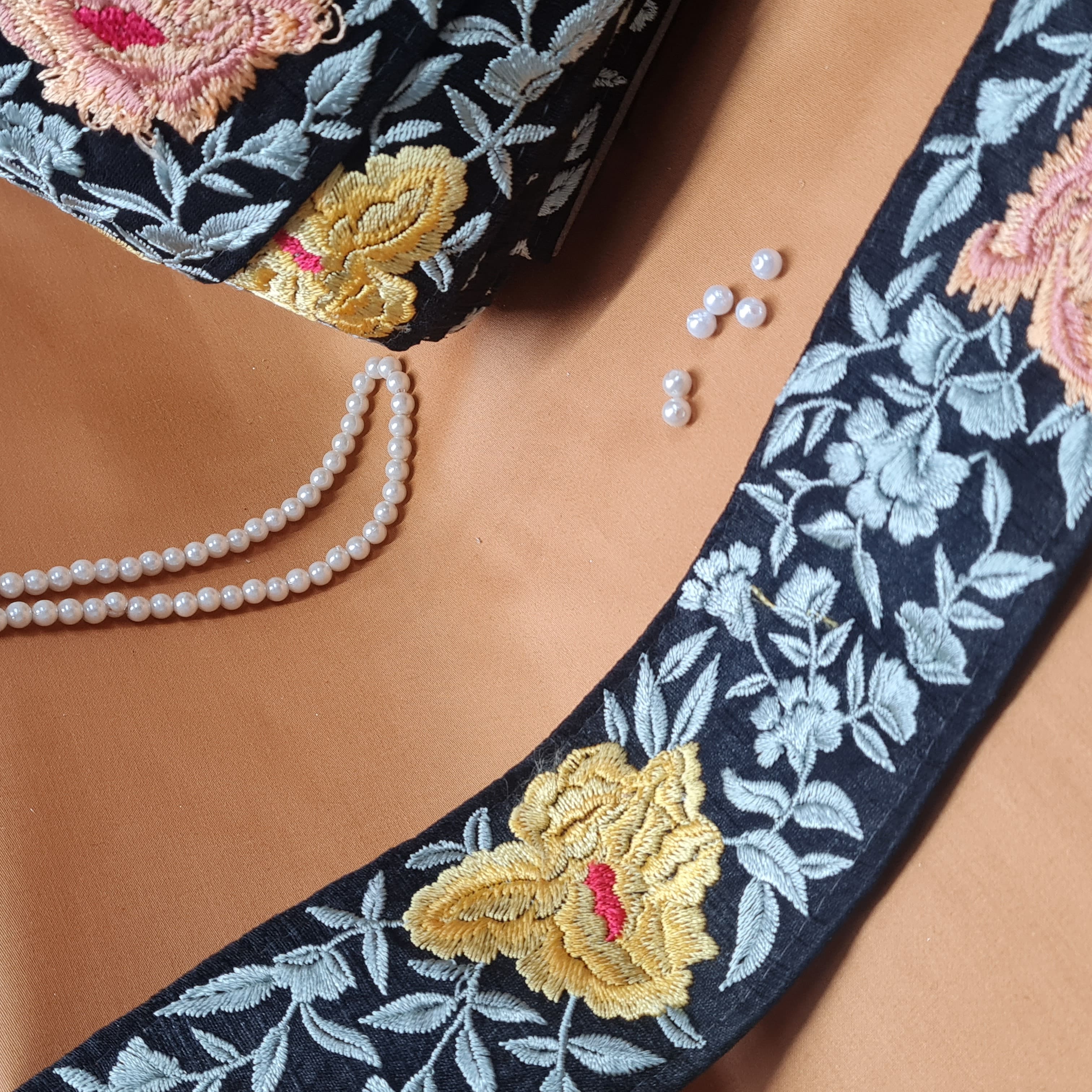 Premium Black Yellow Floral Thread Silk Lace