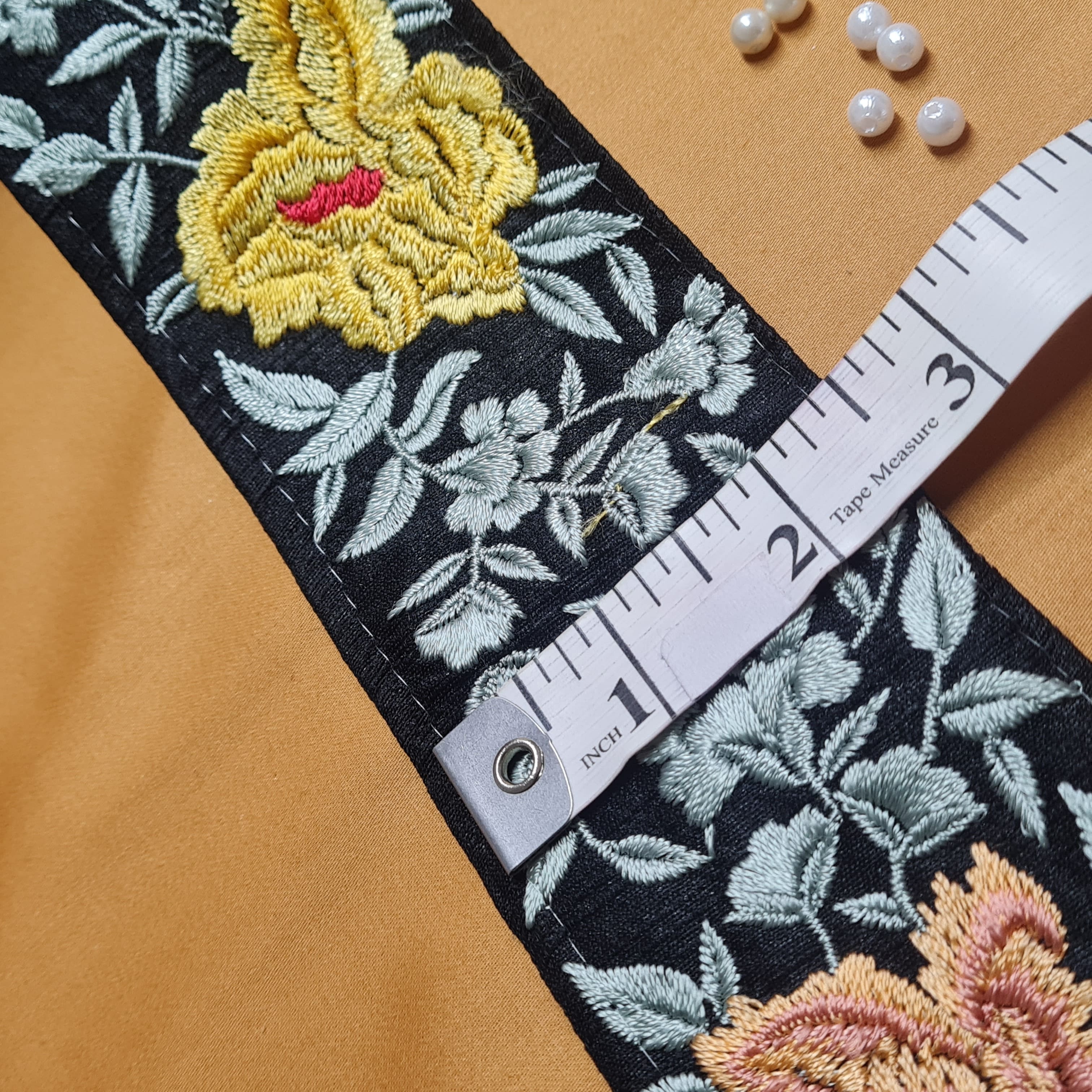 Premium Black Yellow Floral Thread Silk Lace